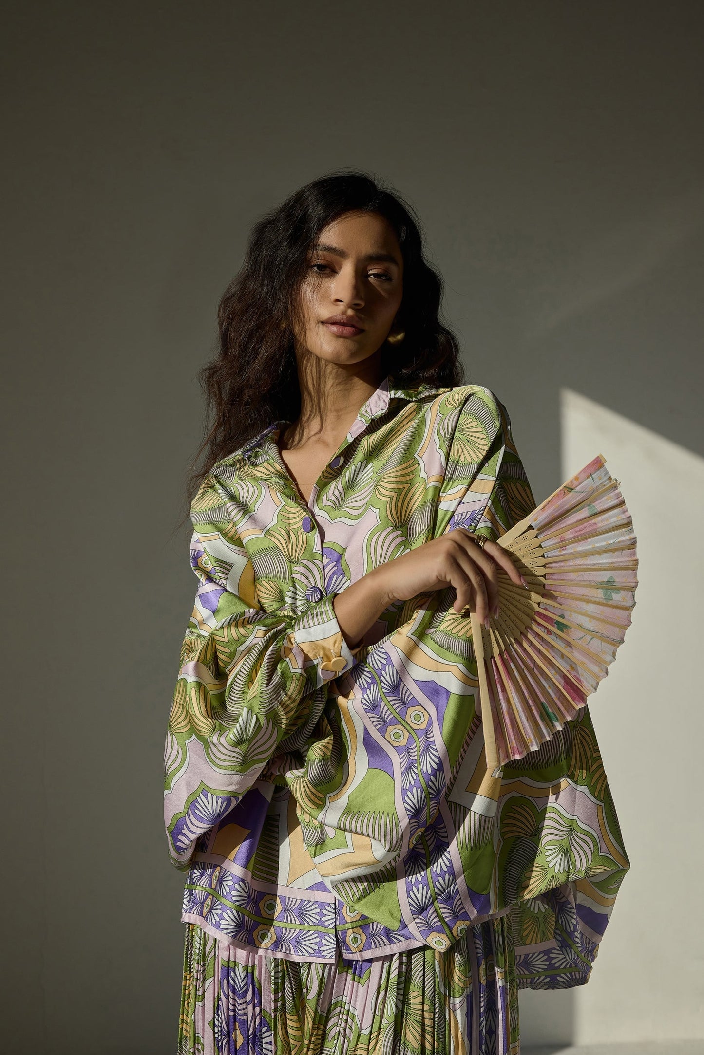 Purple Green Abastract Print Satin Co Ords Set With Pleated Pant