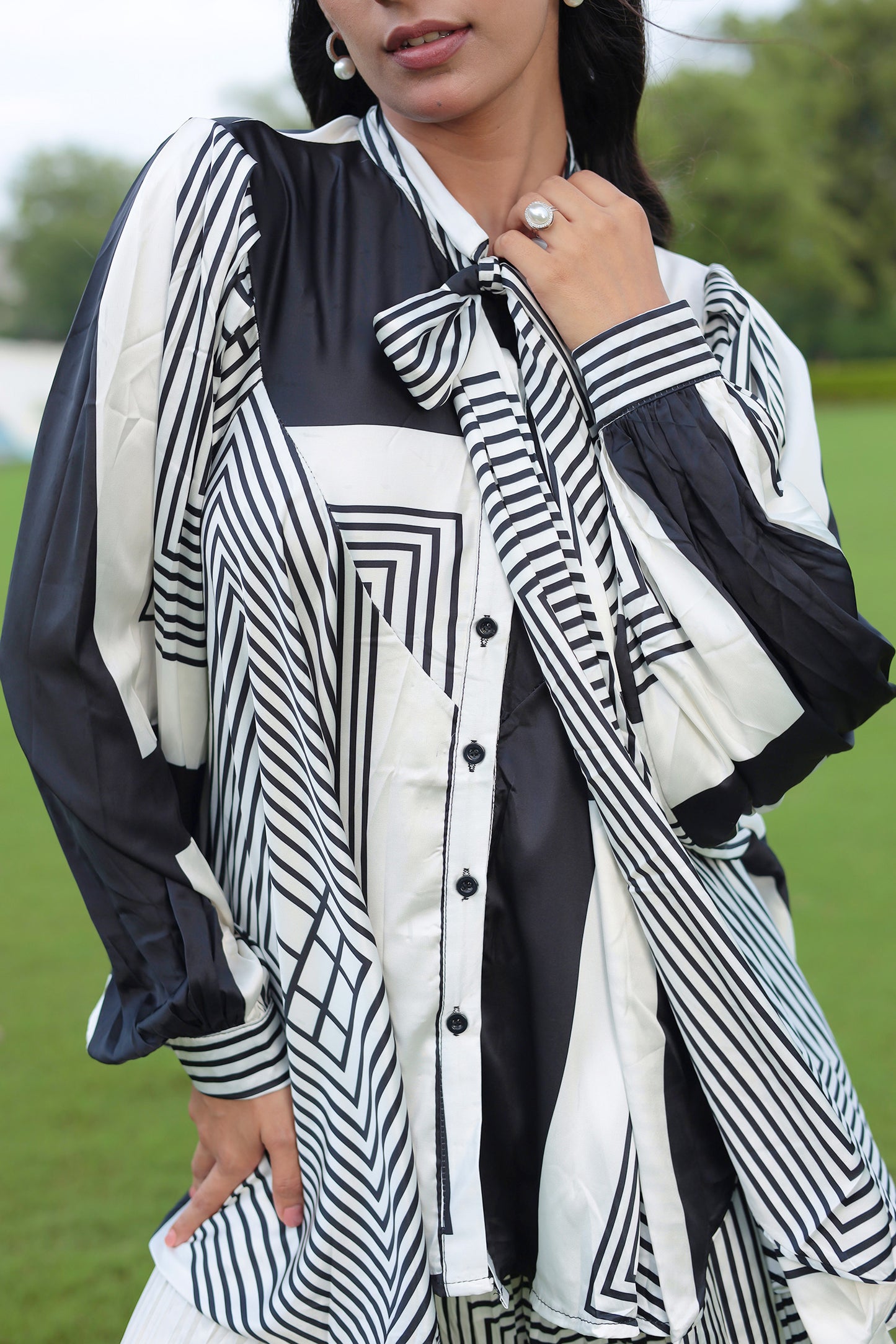 Black & White Abstract Print Satin Co Ords Set With Pleated Pant
