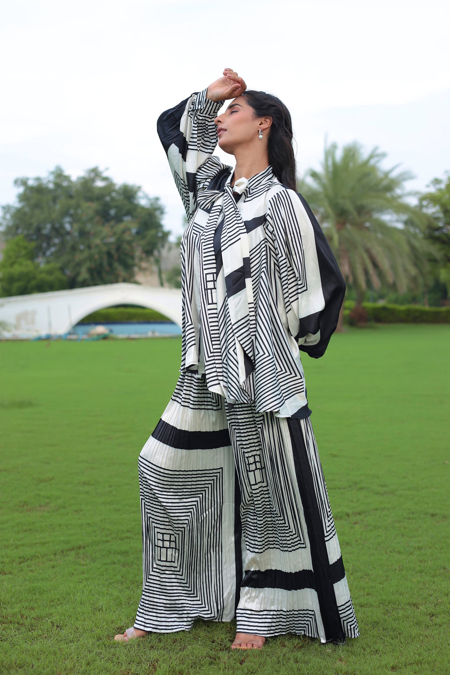 Black & White Abstract Print Satin Co Ords Set With Pleated Pant
