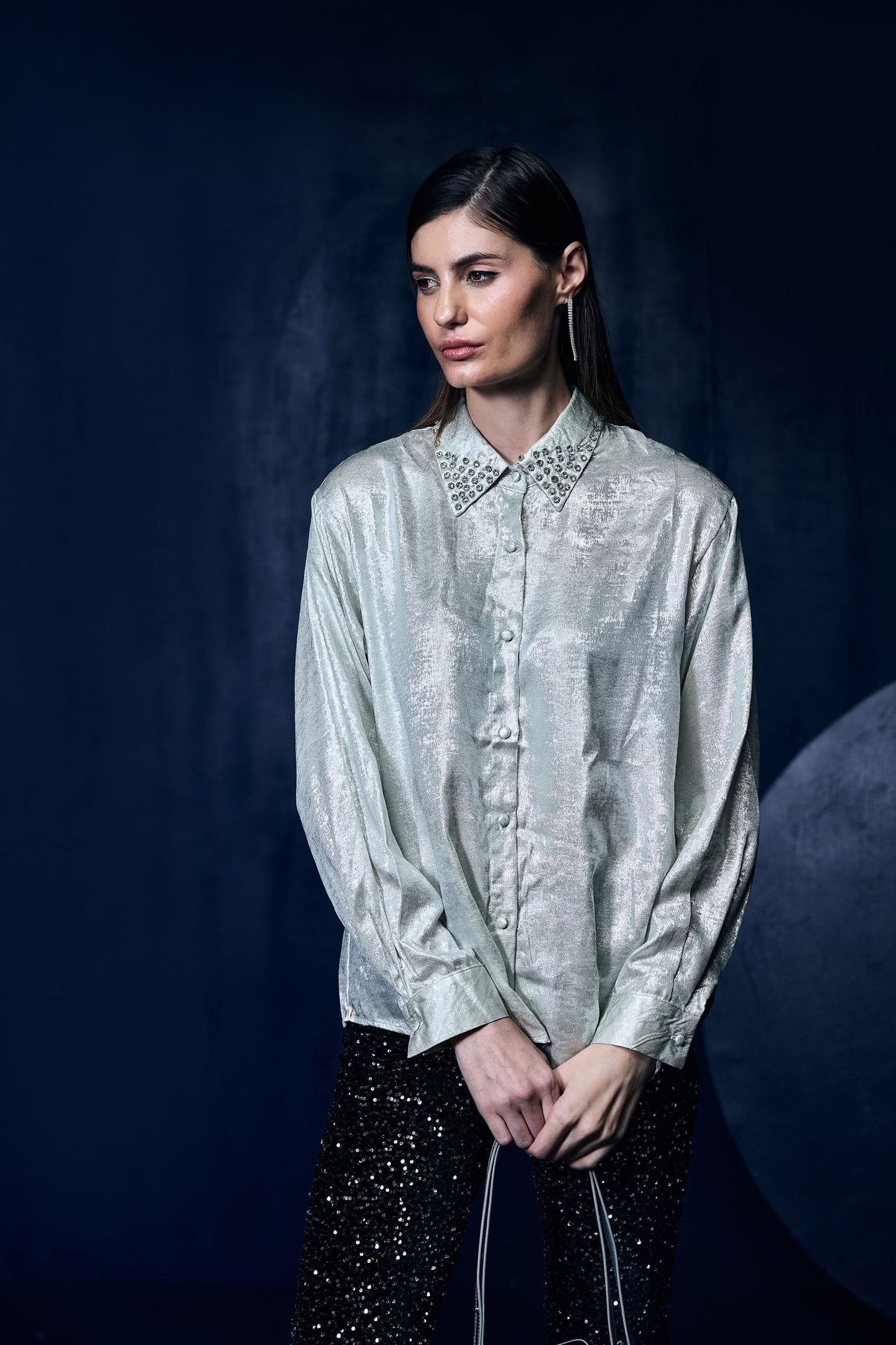Metallic Silver Shimmer Shirt With Swarovski Studded Collar