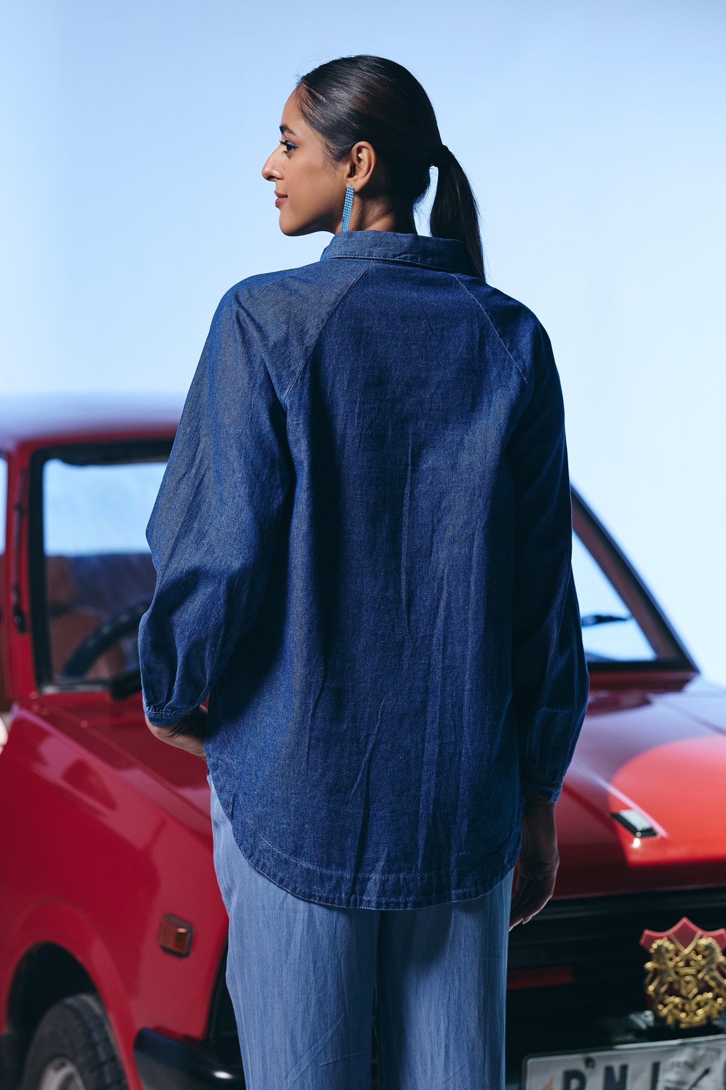 Casual Denim Blue Color Shirt with Flower Detailing