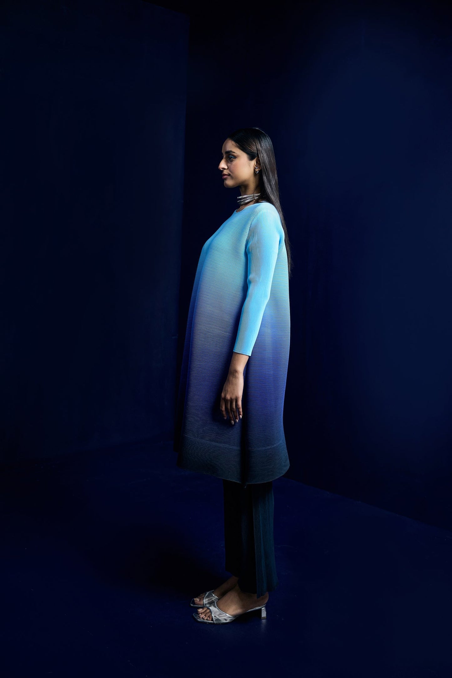 Sky Blue to Navy Blue Ombre Pleated Co Ords Set