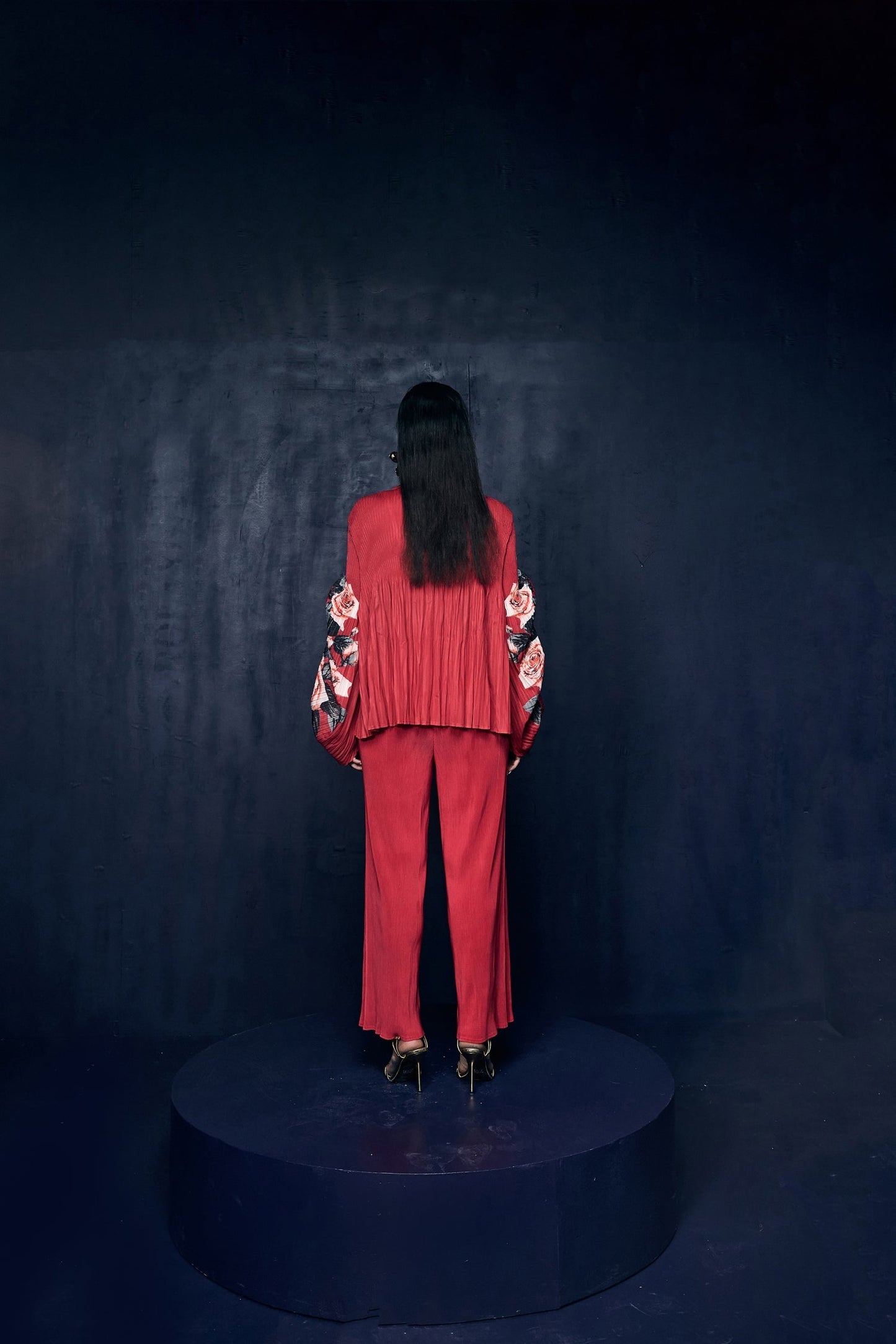 Red Crepe Pleated Top With Flower Motif