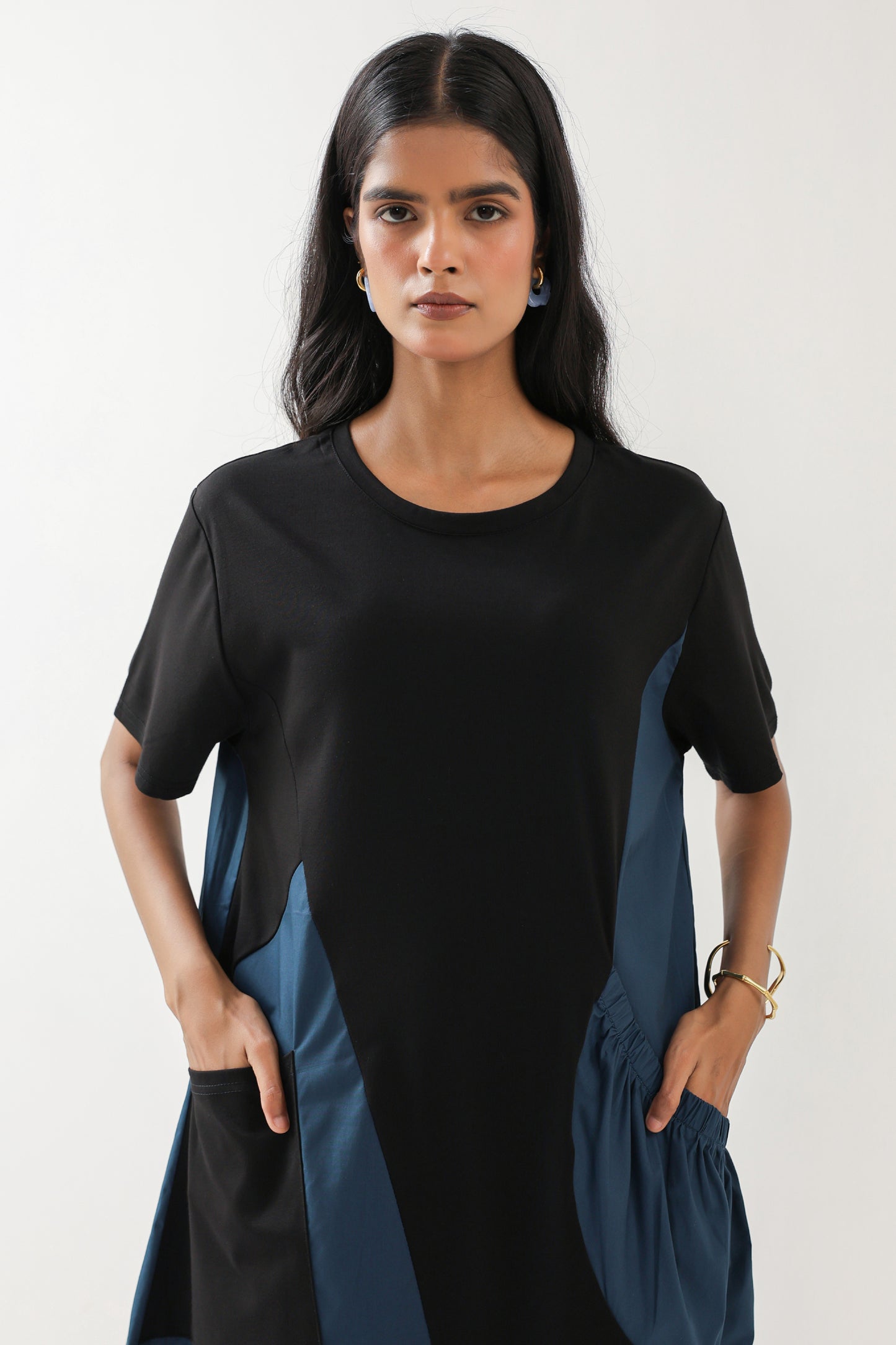 Black and Blue Midi Dress with Pocket