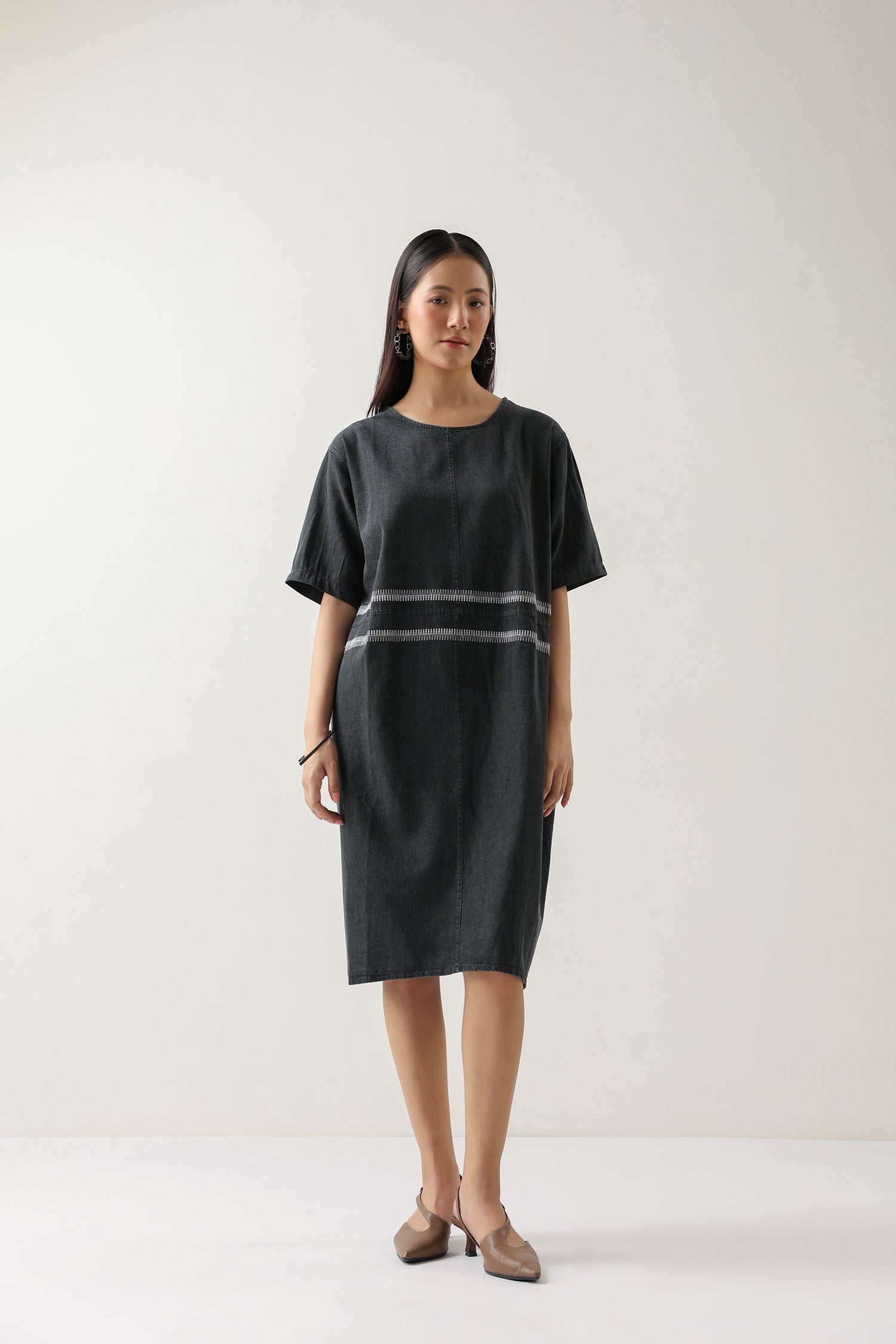 Grey Soft Denim Midi Dress with Embroidery Grey Soft Denim Midi Dress with Embroidery