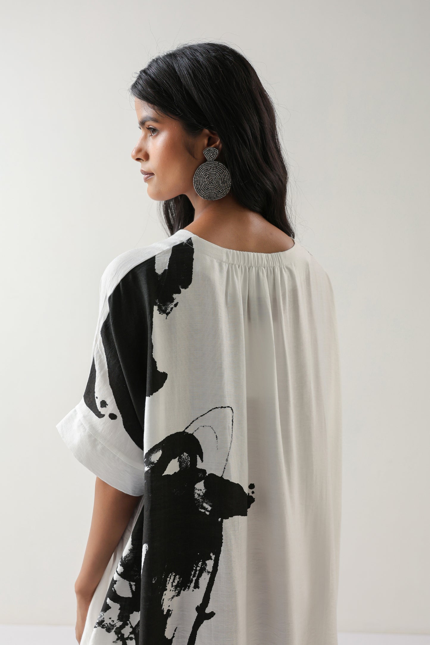 Printed White and Black Crepe Midi Dress