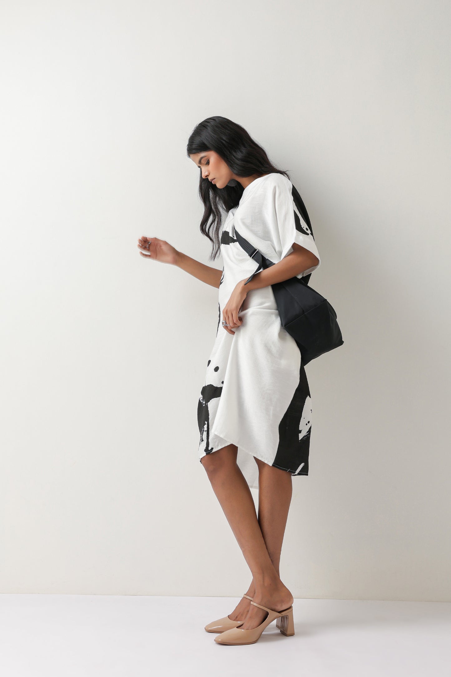 Printed White and Black Crepe Midi Dress