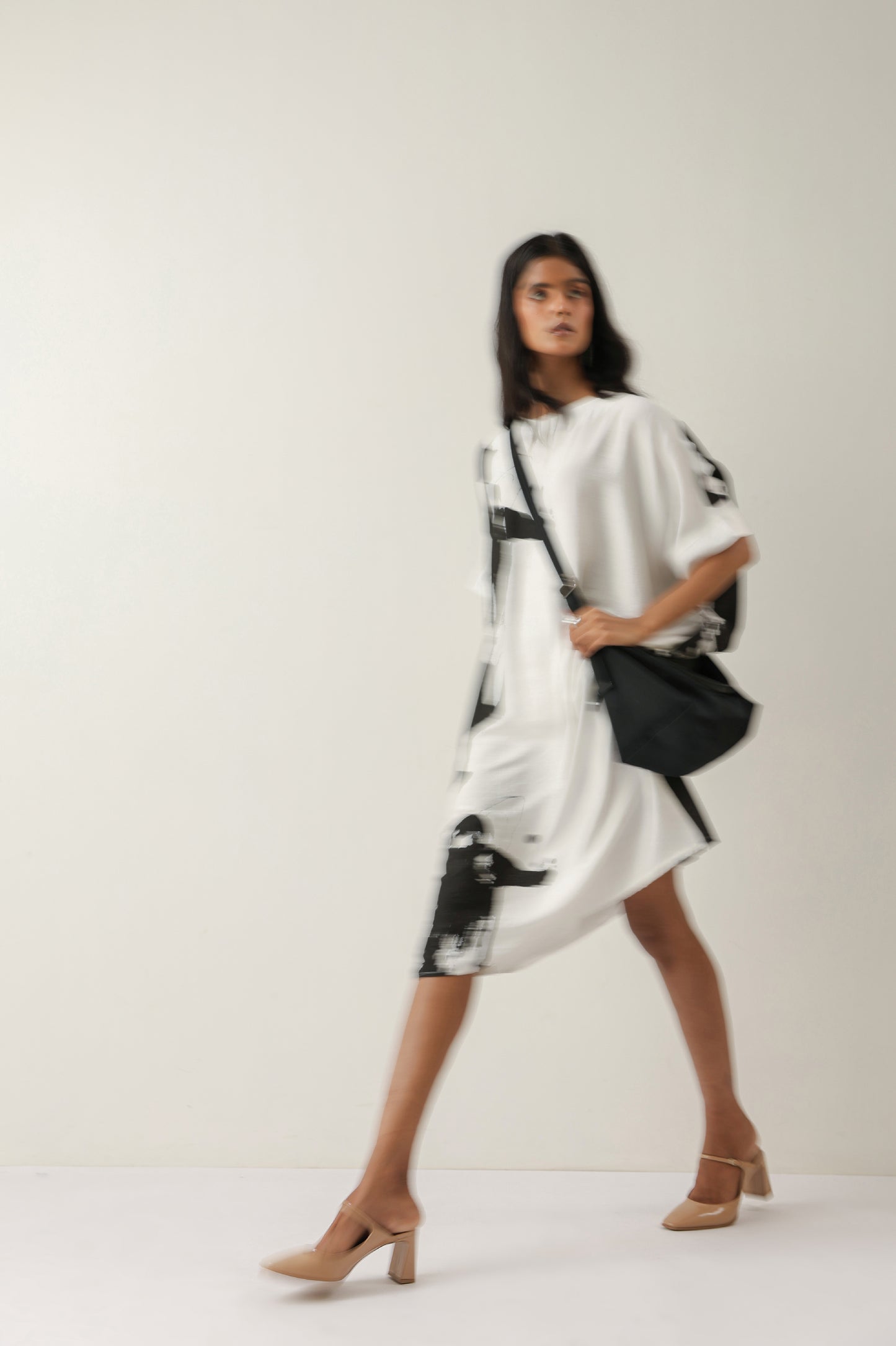 Printed White and Black Crepe Midi Dress
