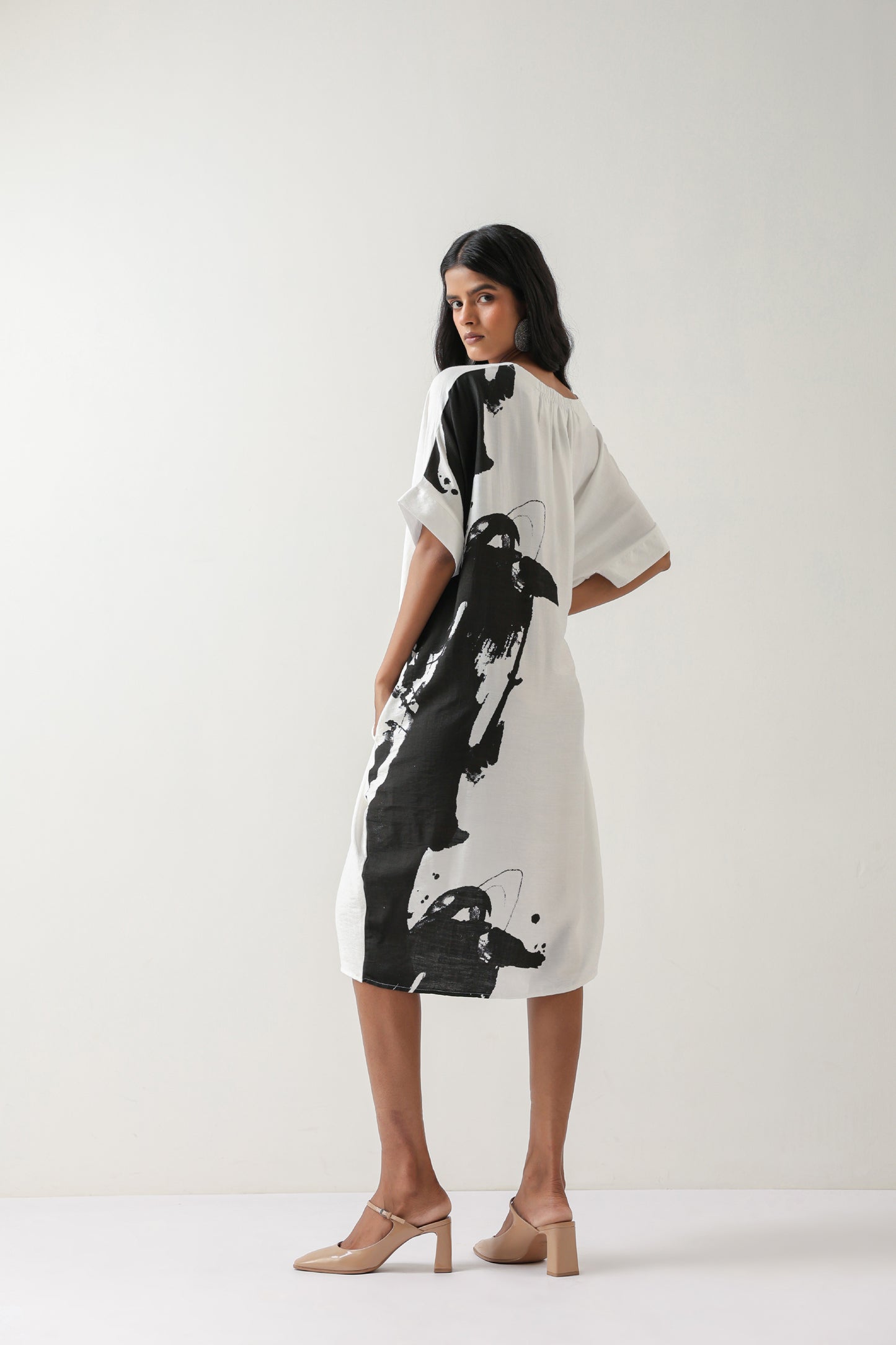 Printed White and Black Crepe Midi Dress