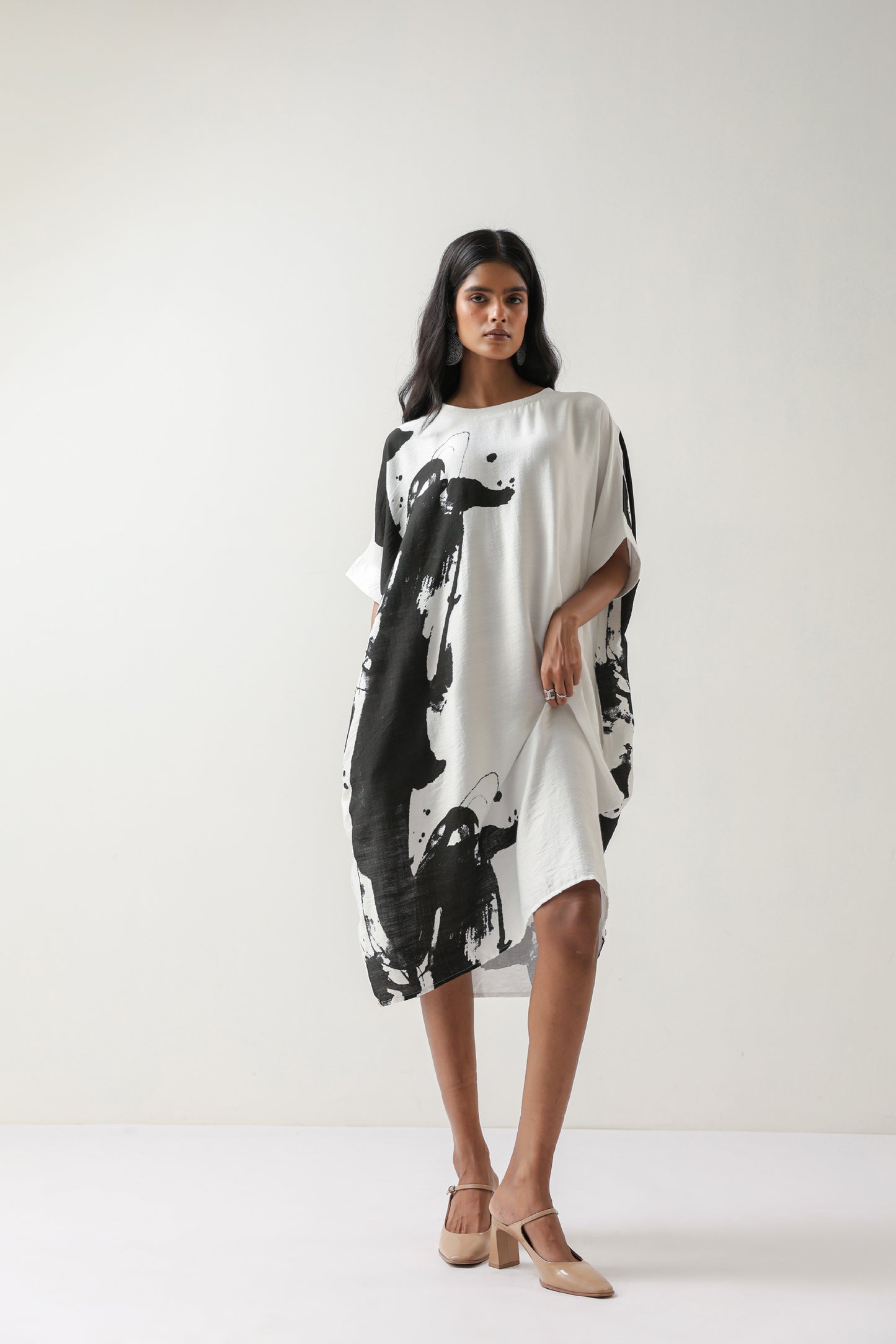 Printed White and Black Crepe Midi Dress