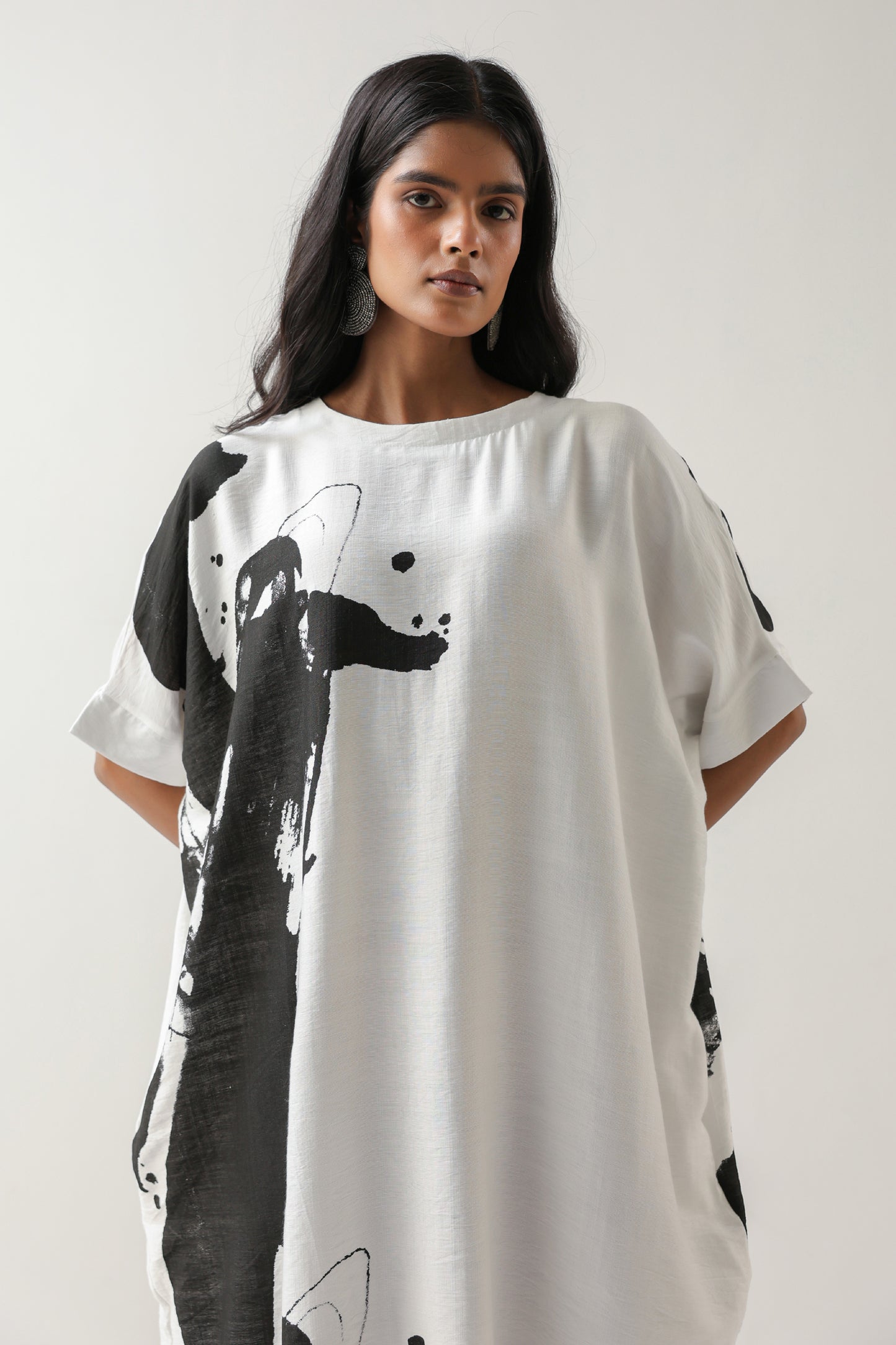 Printed White and Black Crepe Midi Dress