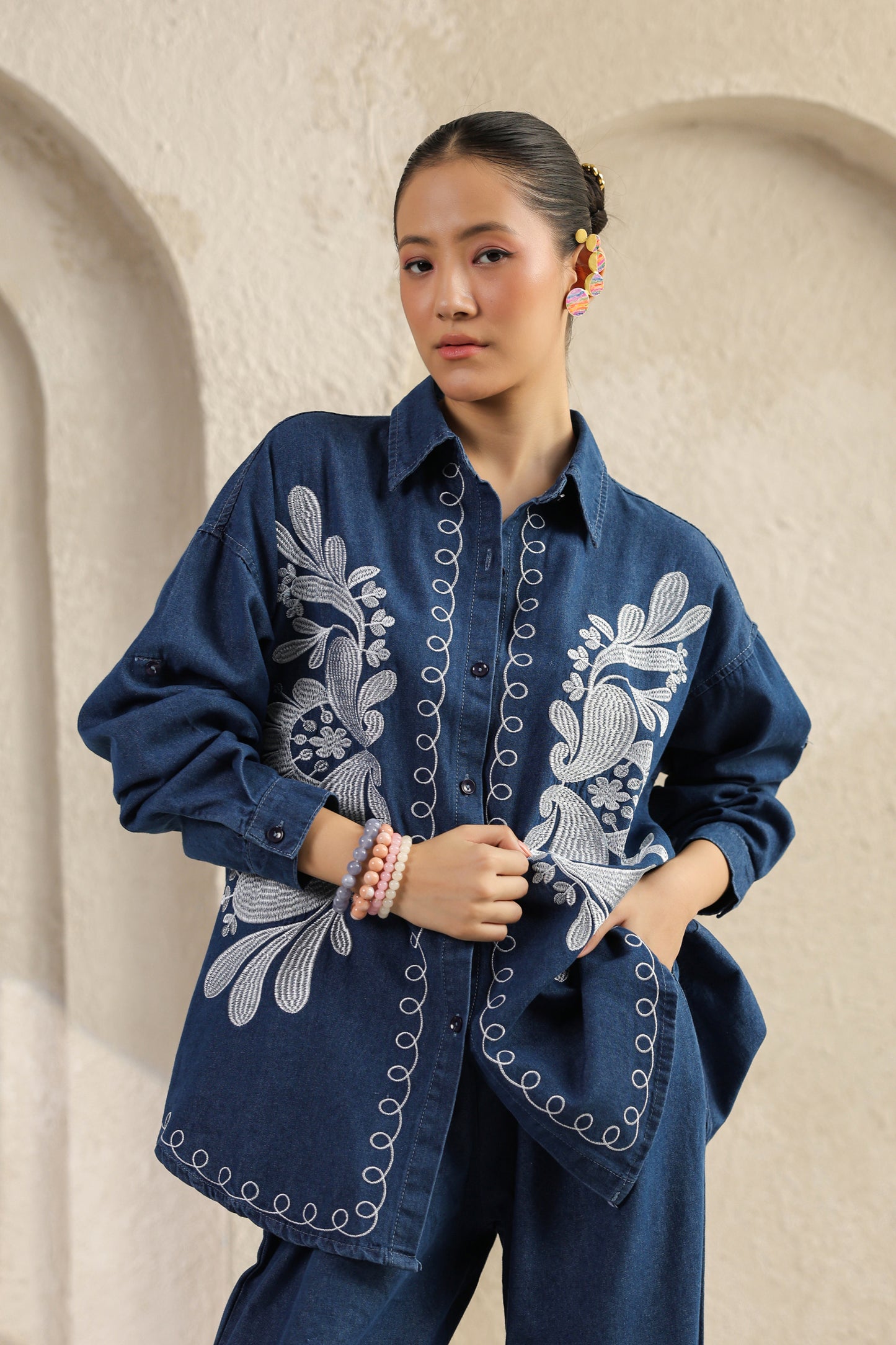 Dark Blue Embroidered Denim Co-ords Set
