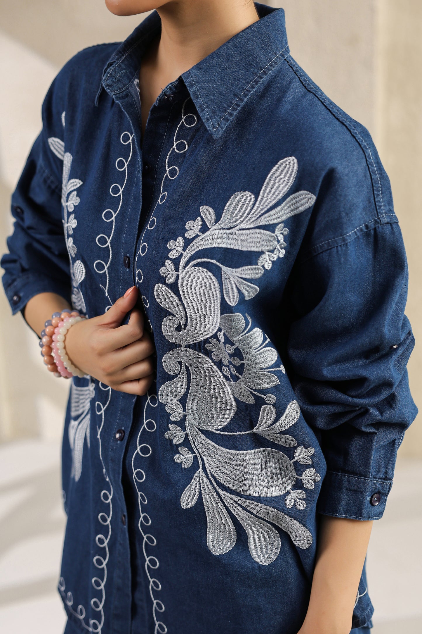 Dark Blue Embroidered Denim Co-ords Set