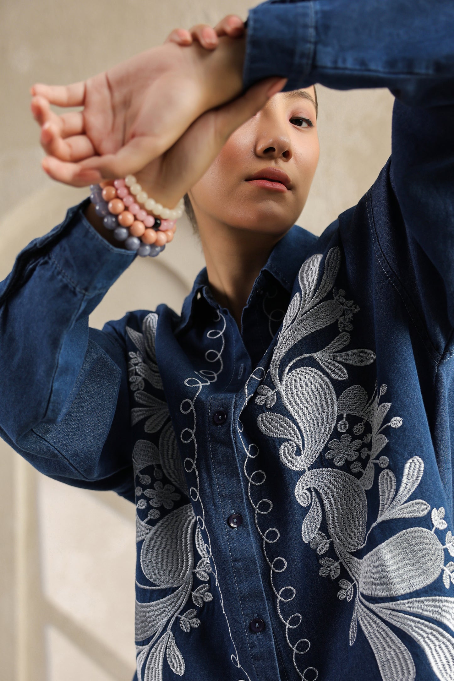 Dark Blue Embroidered Denim Co-ords Set