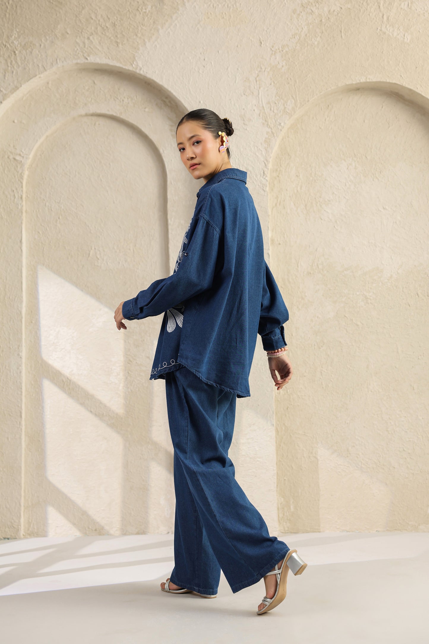 Dark Blue Embroidered Denim Co-ords Set