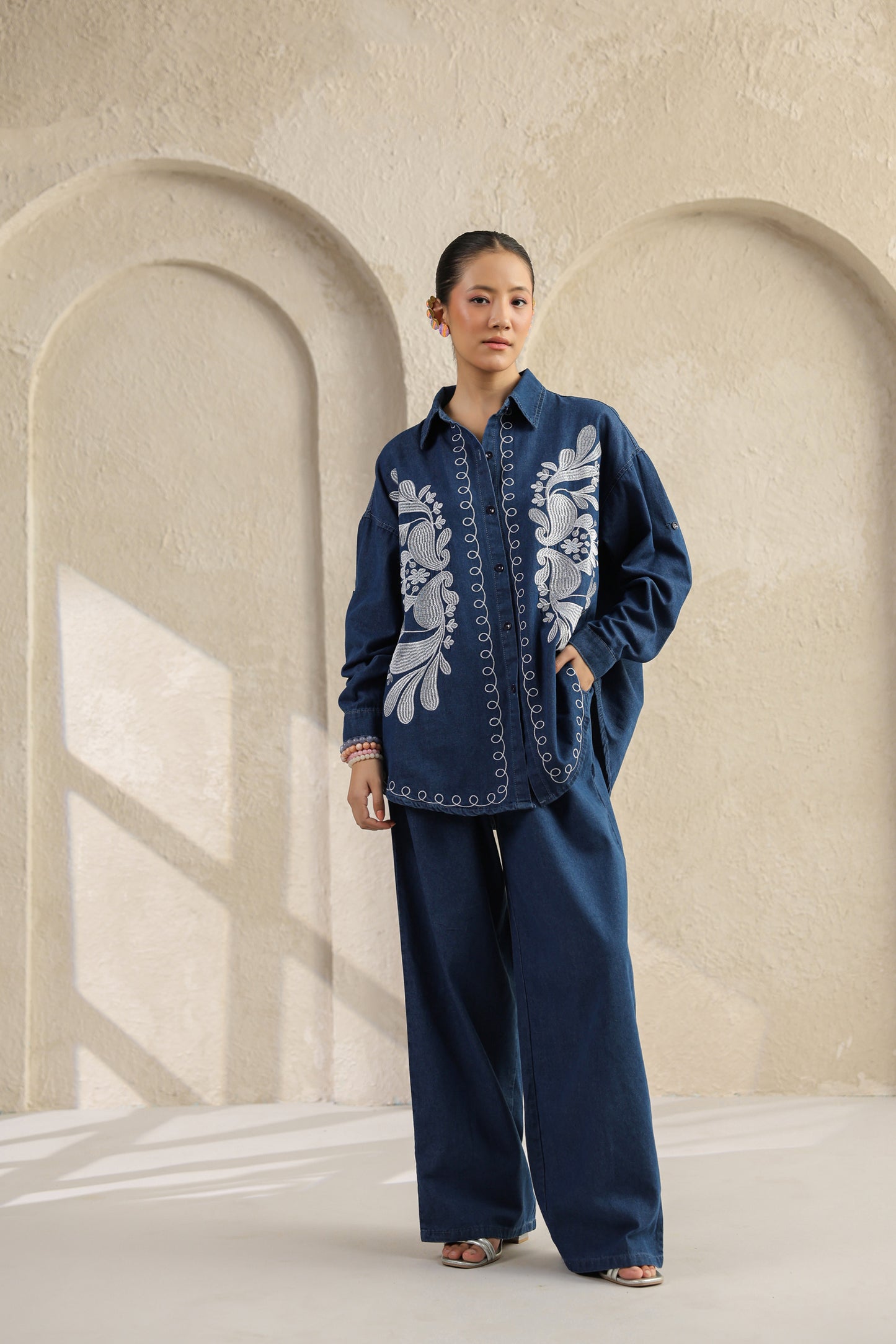 Dark Blue Embroidered Denim Co-ords Set