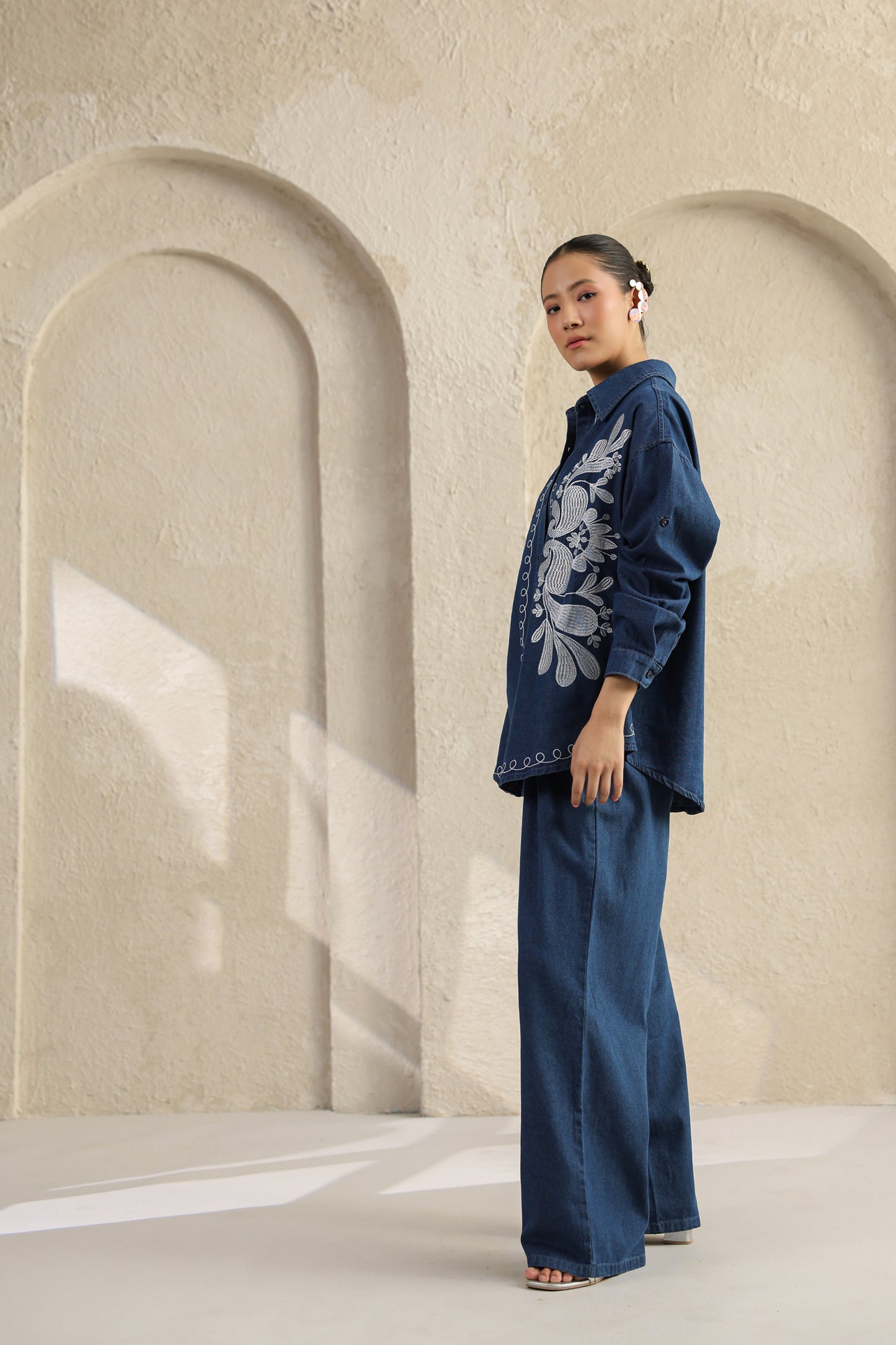 Dark Blue Embroidered Denim Co-ords Set