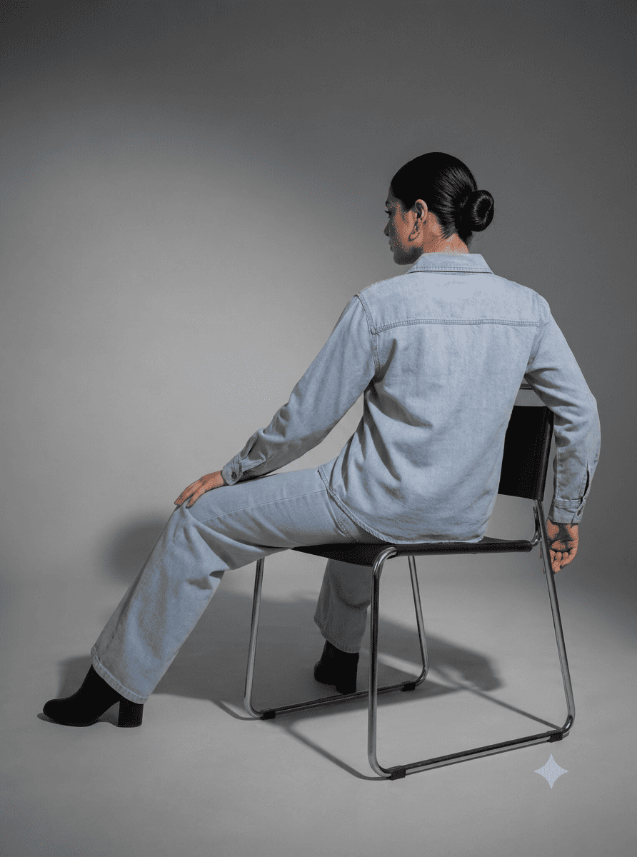 Light Blue Denim Embroidered Co-Ord Set with Denim Shirt & Wide-Leg Pant