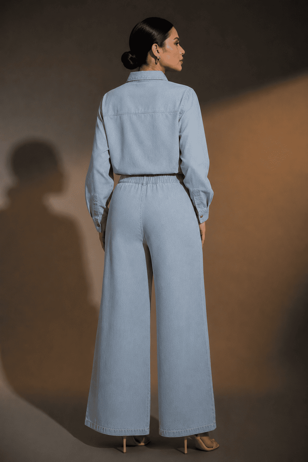 Light Blue Embroidered Denim Shirt & Wide-Leg Pant Co-Ord Set