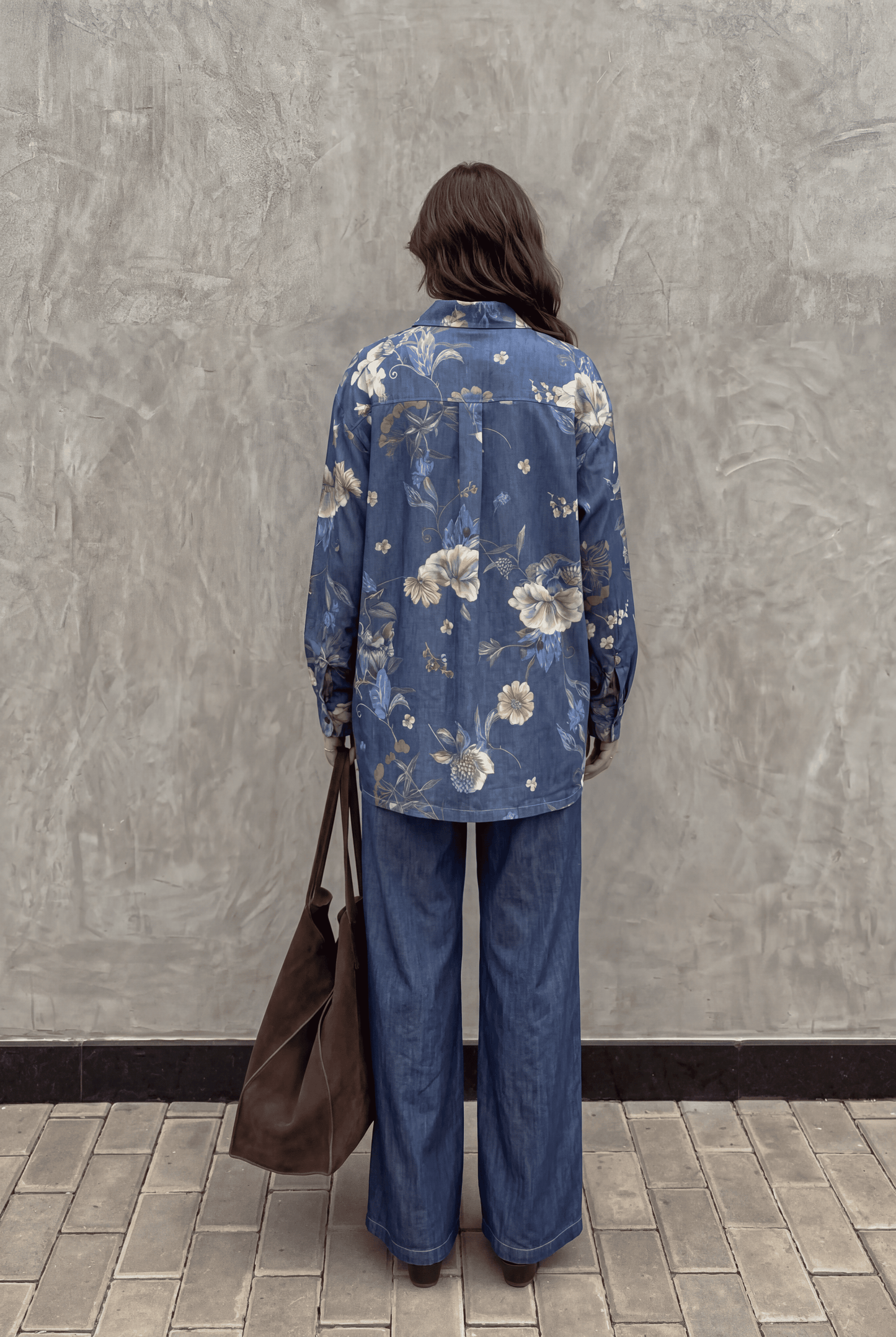 Dark Blue Printed Denim Shirt & Wide-Leg Pant Co-Ord Set