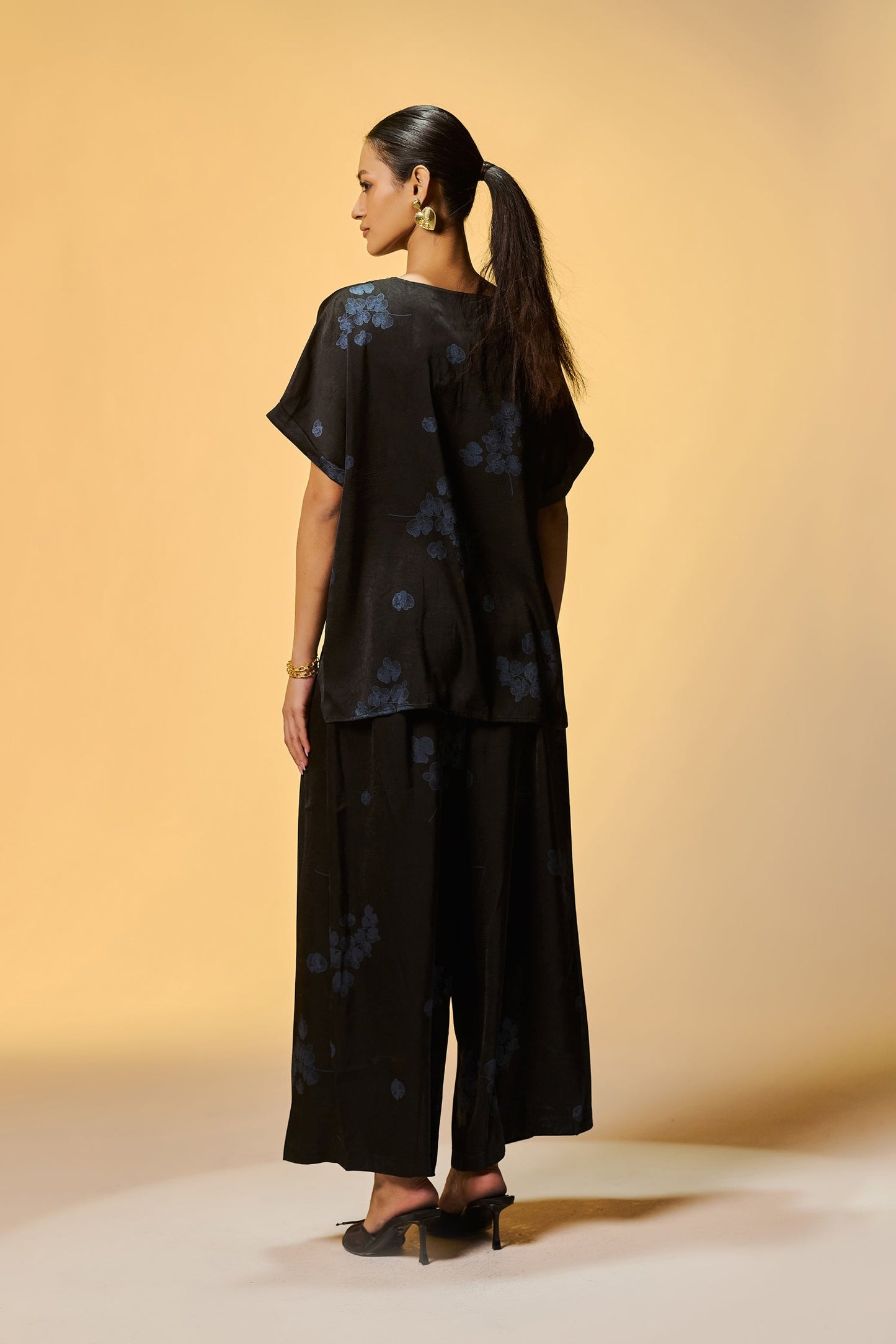 Party Wear Black Silk Co Ords Set With Blue Foil Print