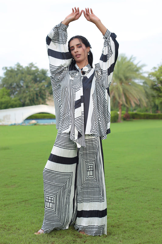 Black & White Abstract Print Satin Co Ords Set With Pleated Pant