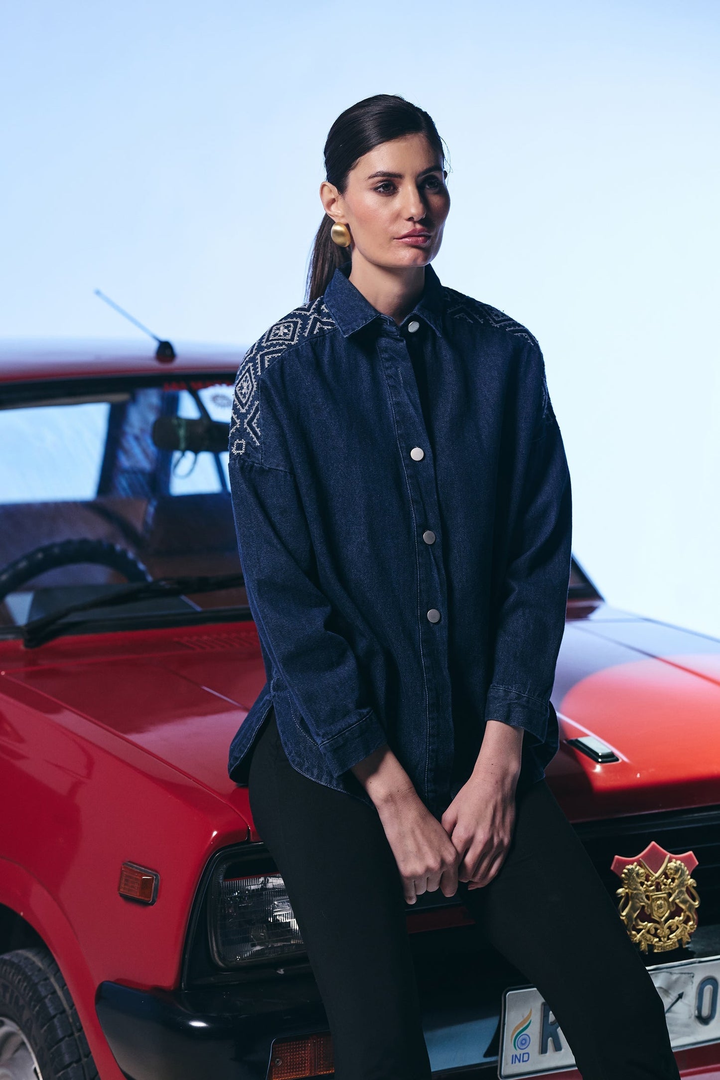 Casual Denim Blue Color Shirt With Embroiderd Shoulder