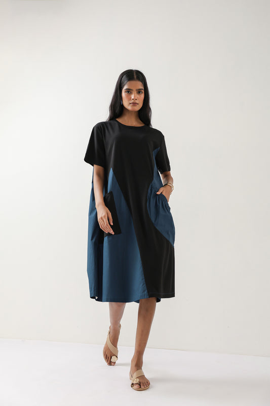 Black and Blue Midi Dress with Pocket
