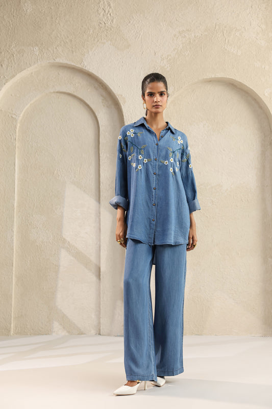 Blue Embroidered Denim Co-Ords Set