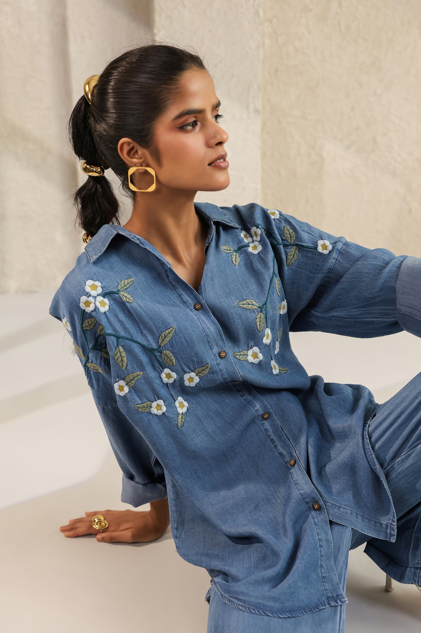 Blue Embroidered Denim Co-Ords Set