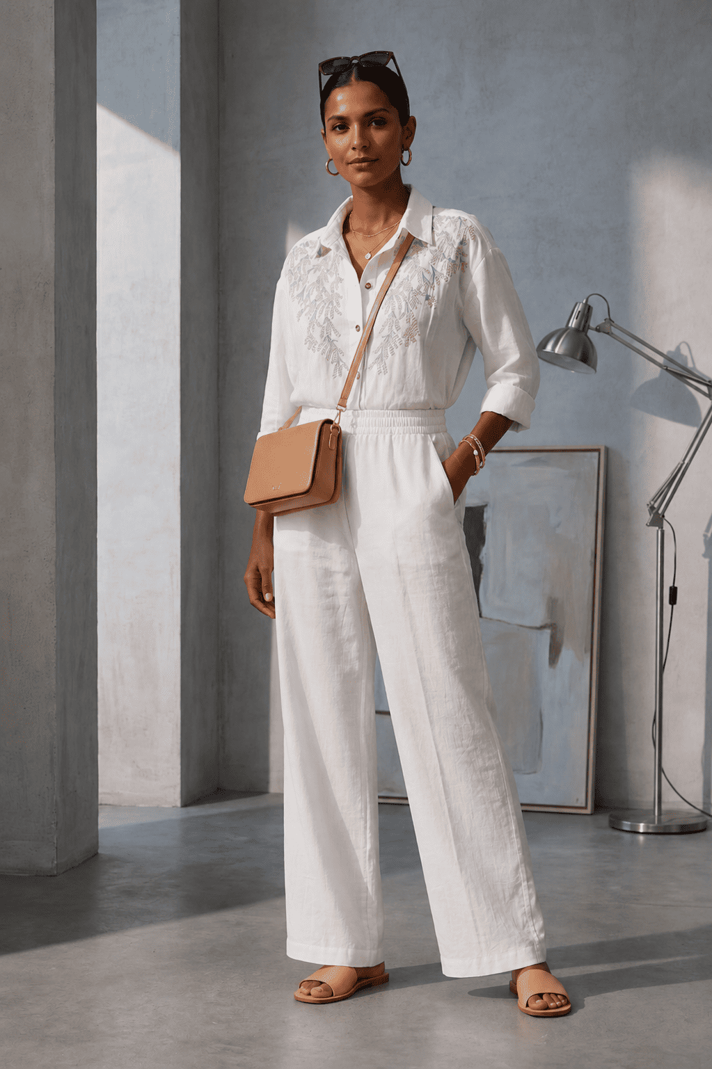 White Embroidered Denim Shirt & Relaxed-Fit Pant Co-Ord Set