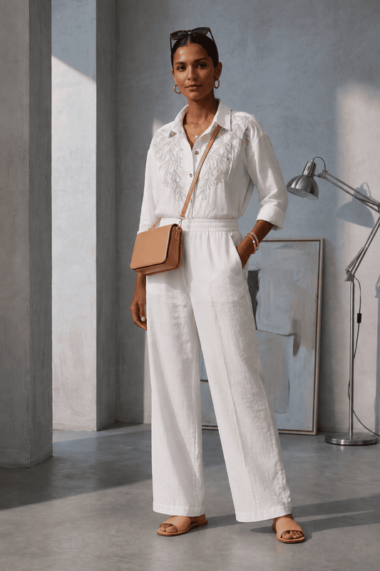 White Embroidered Denim Shirt & Relaxed-Fit Pant Co-Ord Set