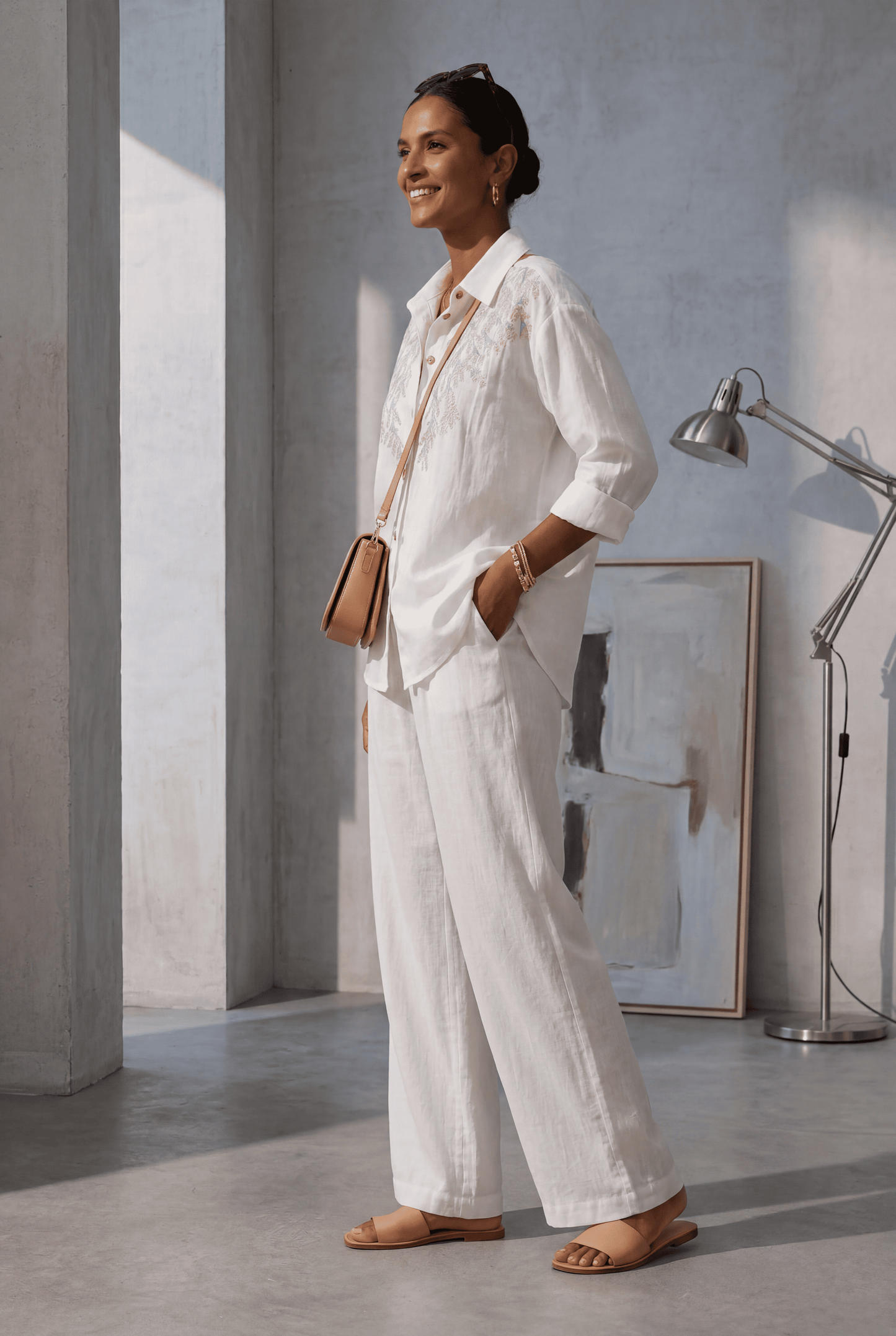 White Embroidered Denim Shirt & Relaxed-Fit Pant Co-Ord Set