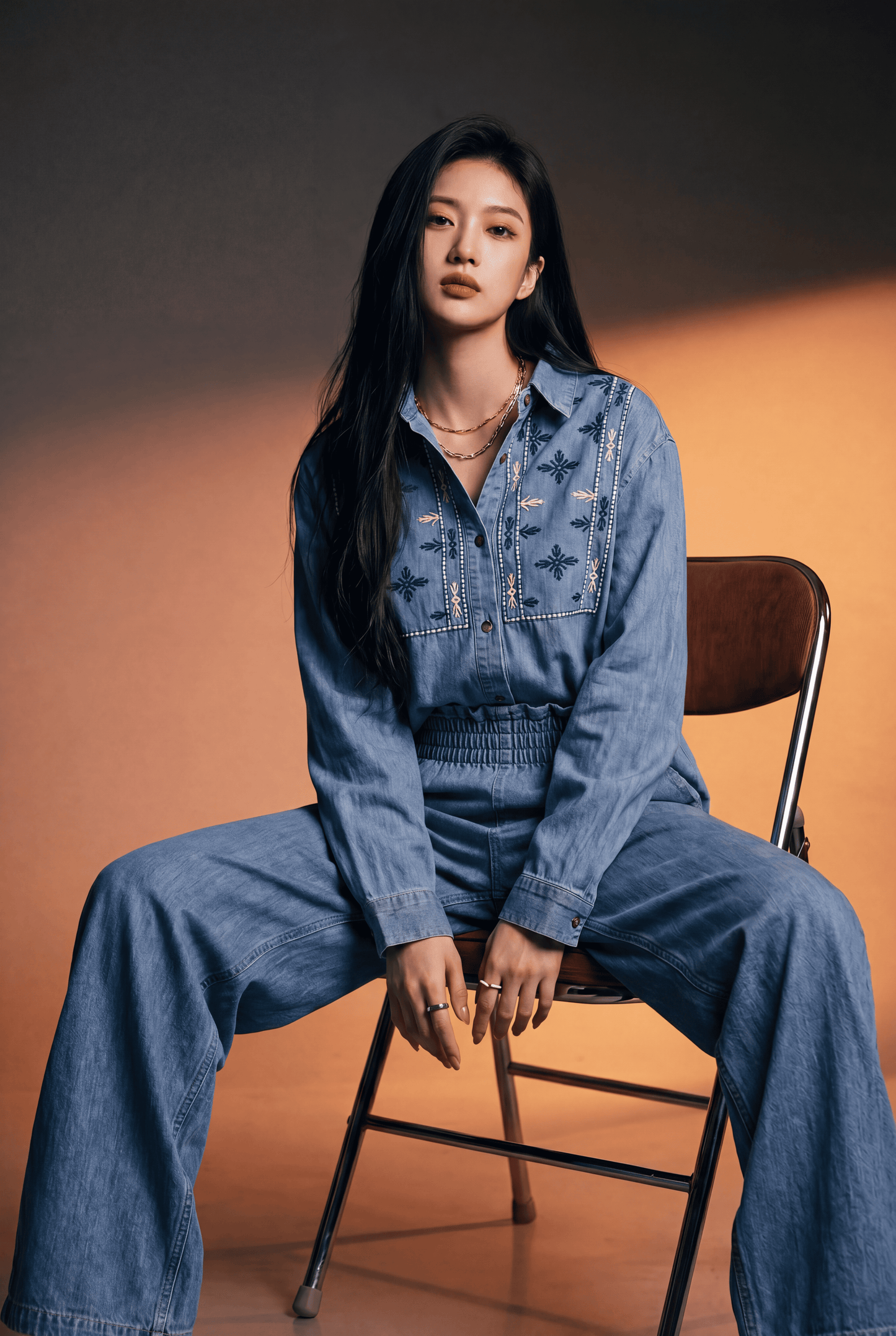 Dark Blue Denim Embroidered Co-Ord Set & Relaxed Fit Shirt with Wide-Leg Pant