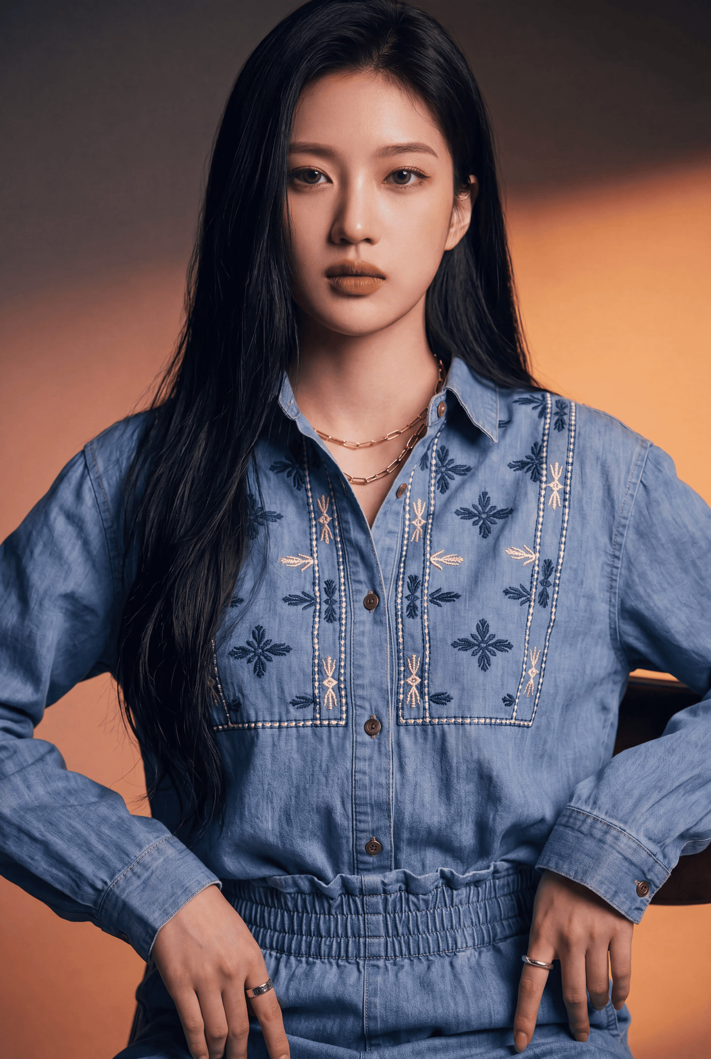 Dark Blue Denim Embroidered Co-Ord Set & Relaxed Fit Shirt with Wide-Leg Pant