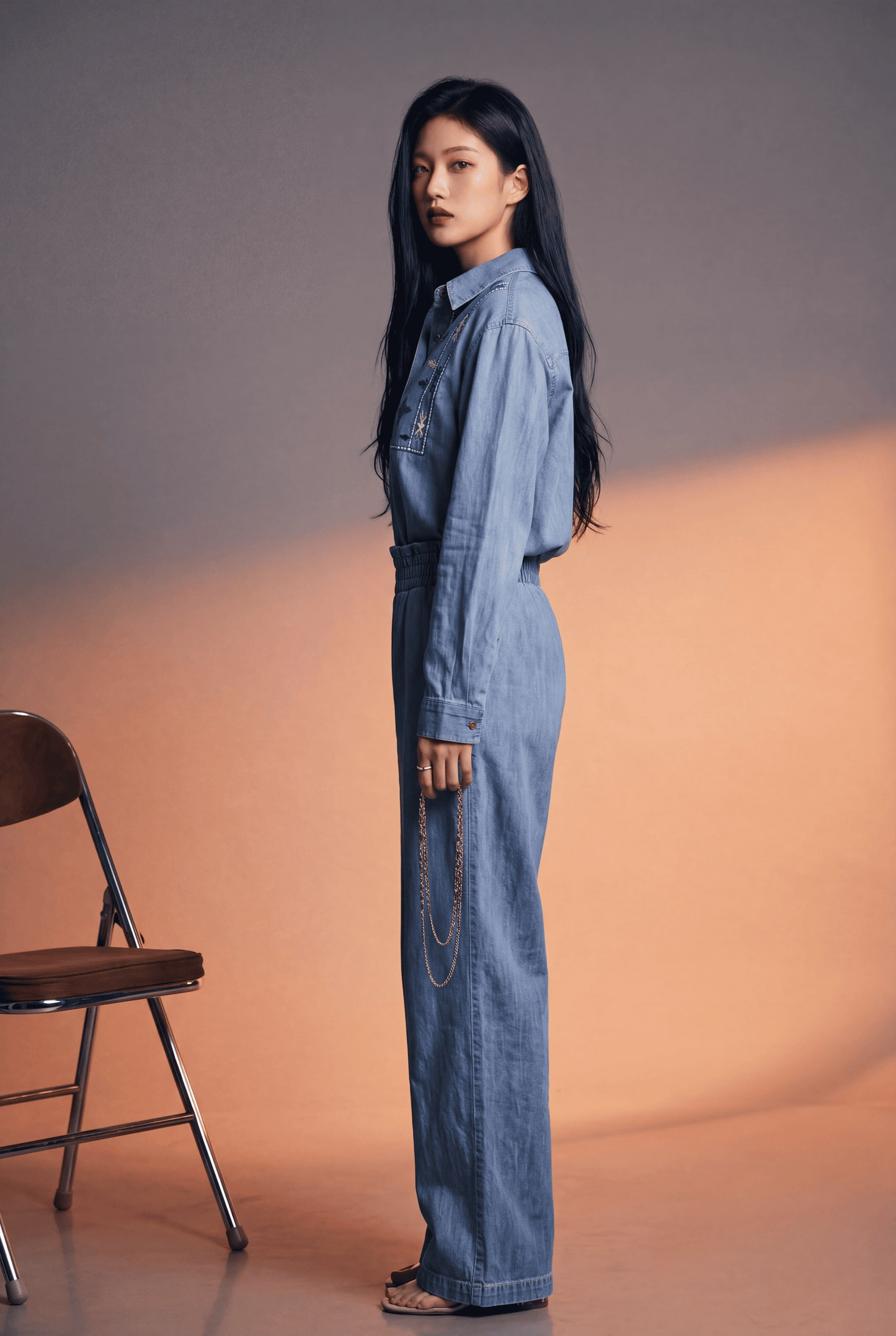 Dark Blue Denim Embroidered Co-Ord Set & Relaxed Fit Shirt with Wide-Leg Pant
