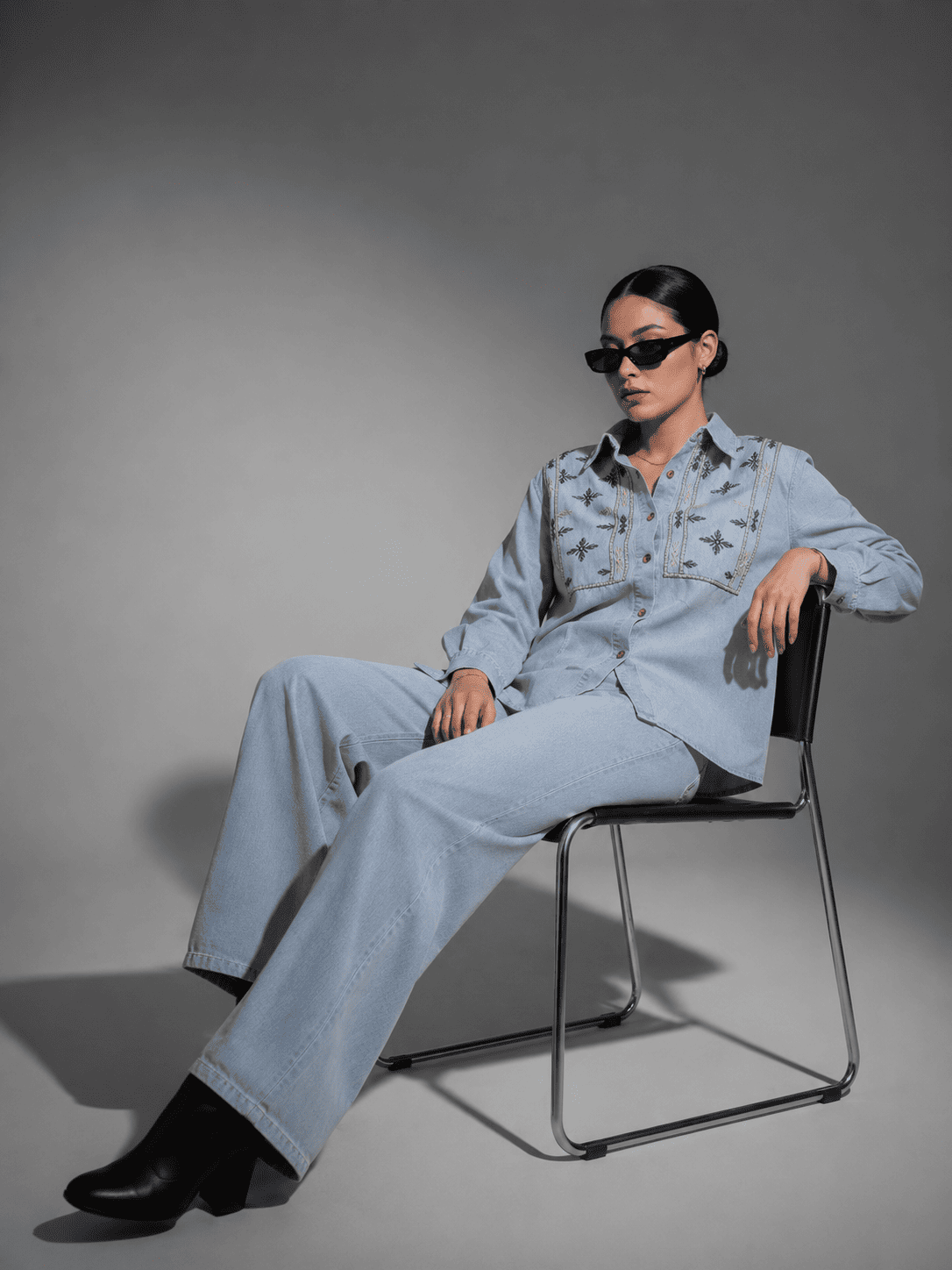Light Blue Denim Embroidered Co-Ord Set with Denim Shirt & Wide-Leg Pant