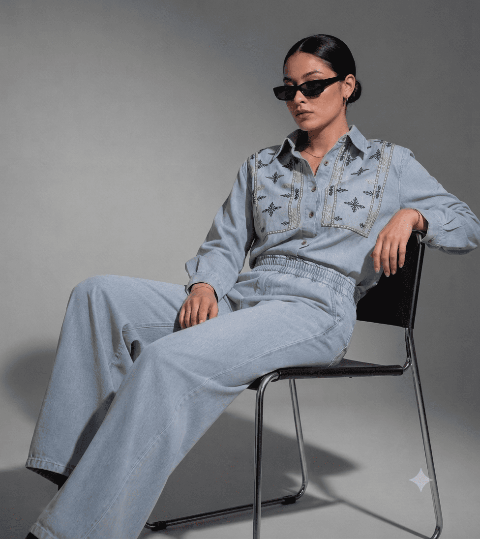 Light Blue Denim Embroidered Co-Ord Set with Denim Shirt & Wide-Leg Pant