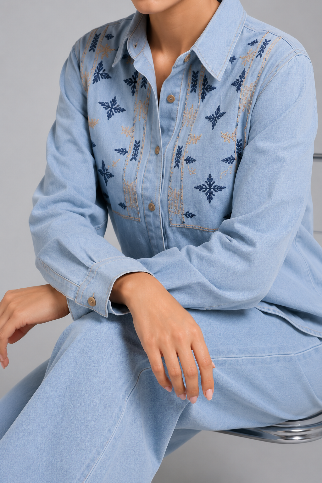 Light Blue Denim Embroidered Co-Ord Set with Denim Shirt & Wide-Leg Pant