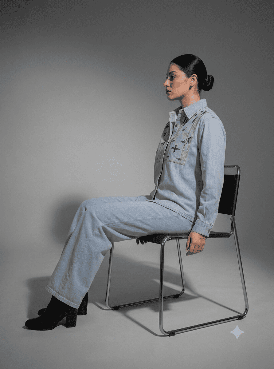 Light Blue Denim Embroidered Co-Ord Set with Denim Shirt & Wide-Leg Pant