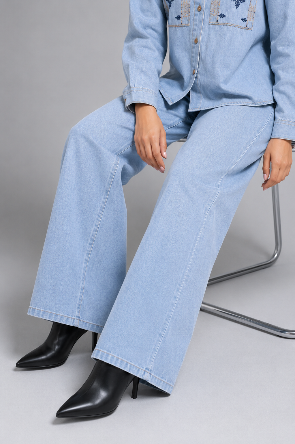 Light Blue Denim Embroidered Co-Ord Set with Denim Shirt & Wide-Leg Pant