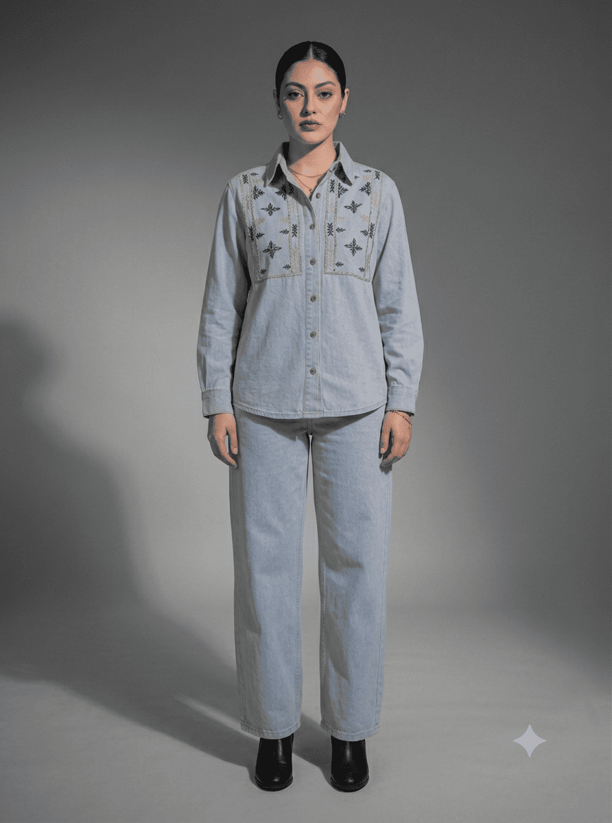 Light Blue Denim Embroidered Co-Ord Set with Denim Shirt & Wide-Leg Pant