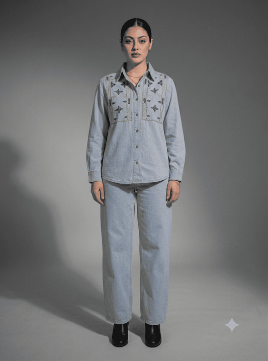 Light Blue Denim Embroidered Co-Ord Set with Denim Shirt & Wide-Leg Pant