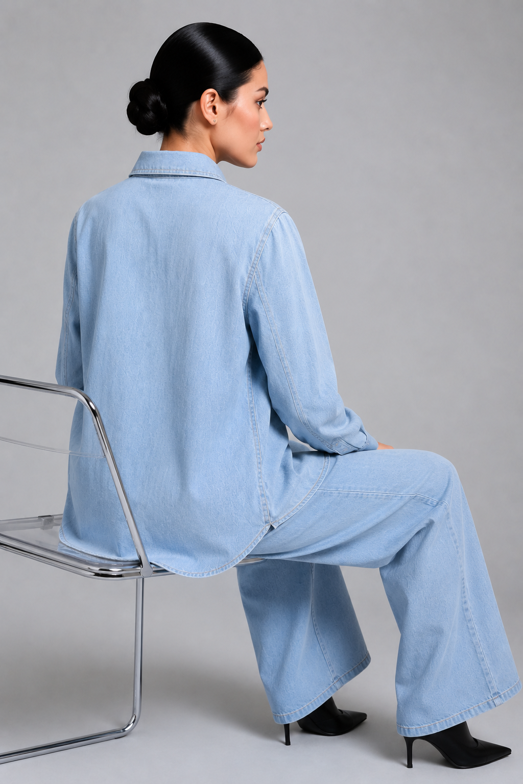 Light Blue Denim Embroidered Co-Ord Set with Denim Shirt & Wide-Leg Pant