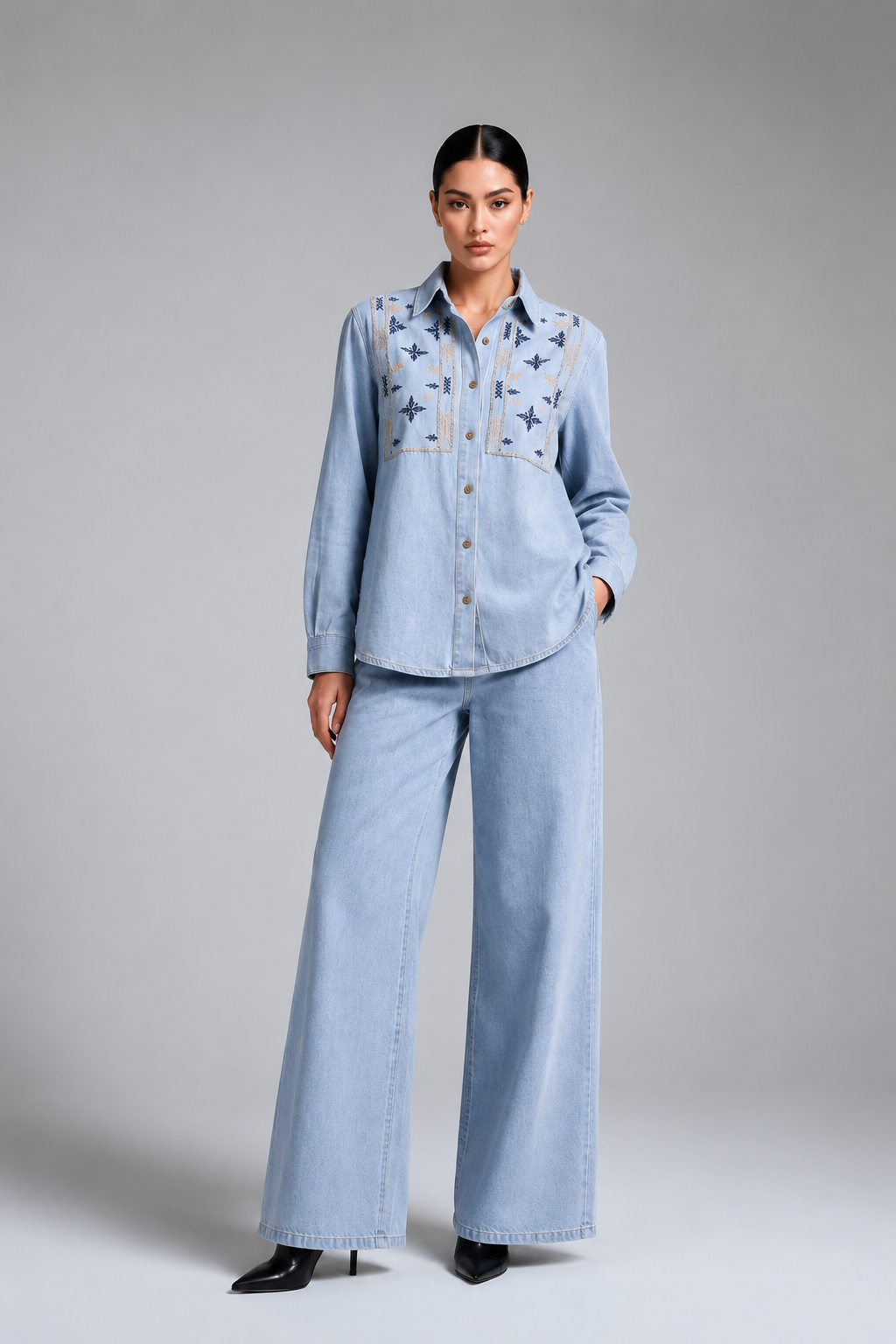Light Blue Denim Embroidered Co-Ord Set with Denim Shirt & Wide-Leg Pant