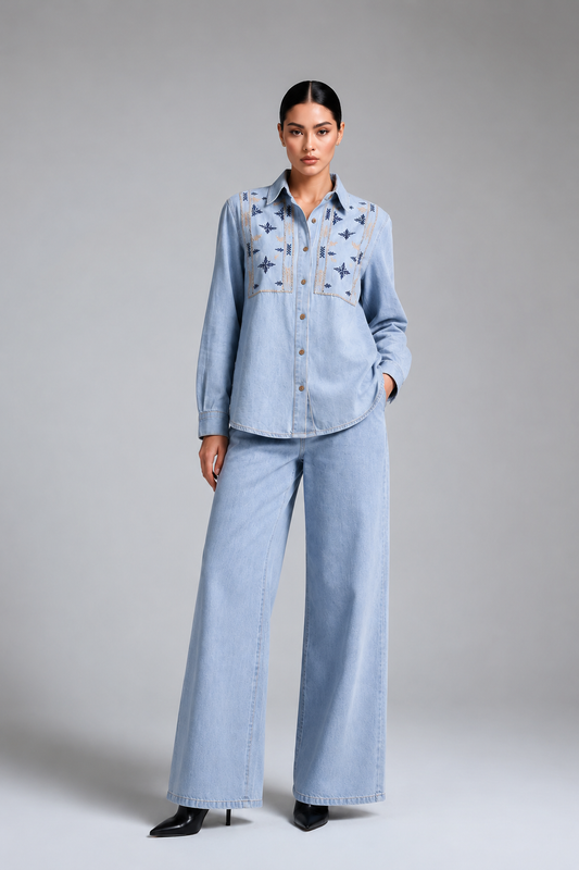 Light Blue Denim Embroidered Co-Ord Set with Denim Shirt & Wide-Leg Pant