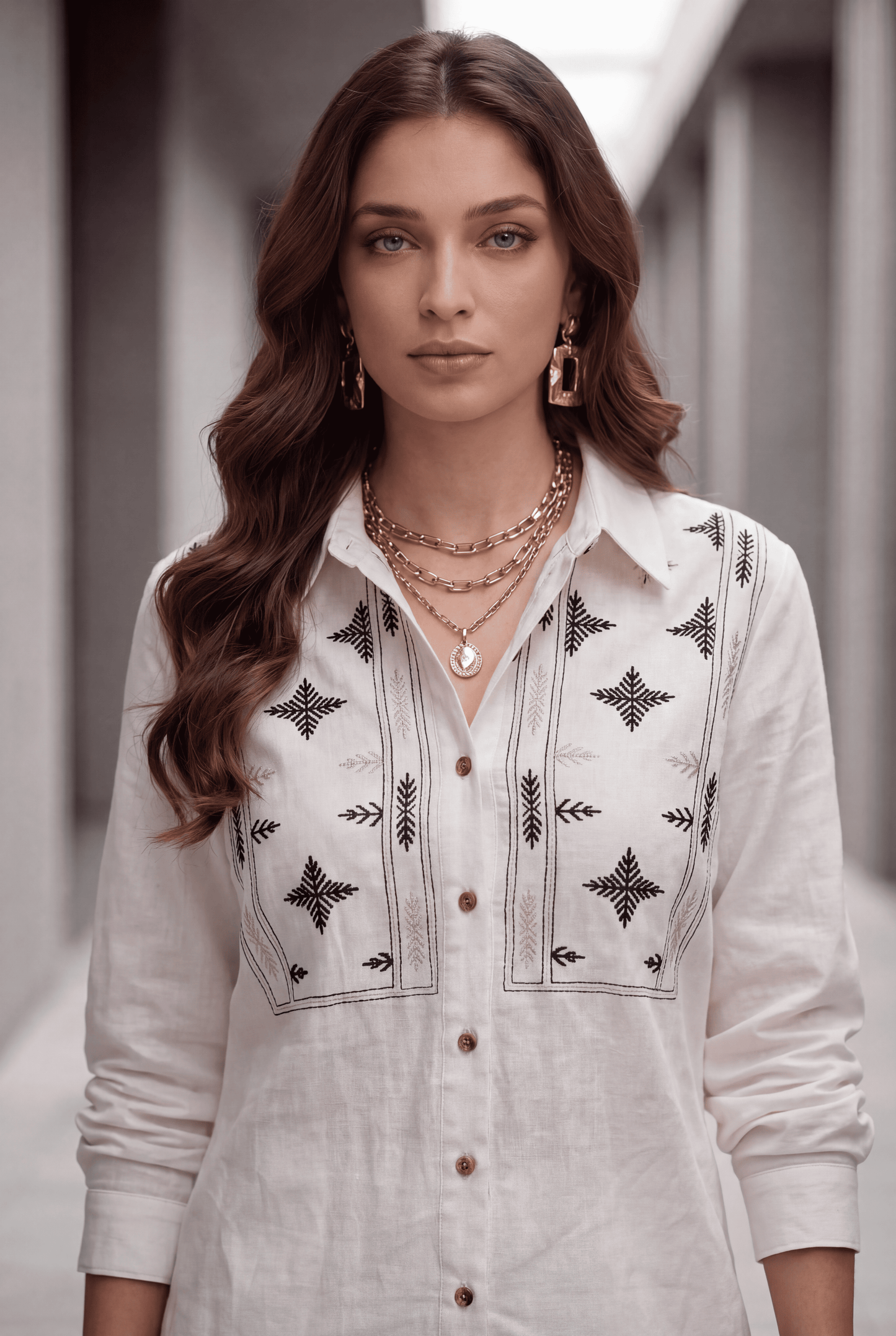 White Embroidered Denim Shirt & Straight-Fit Pant Co-Ord Set