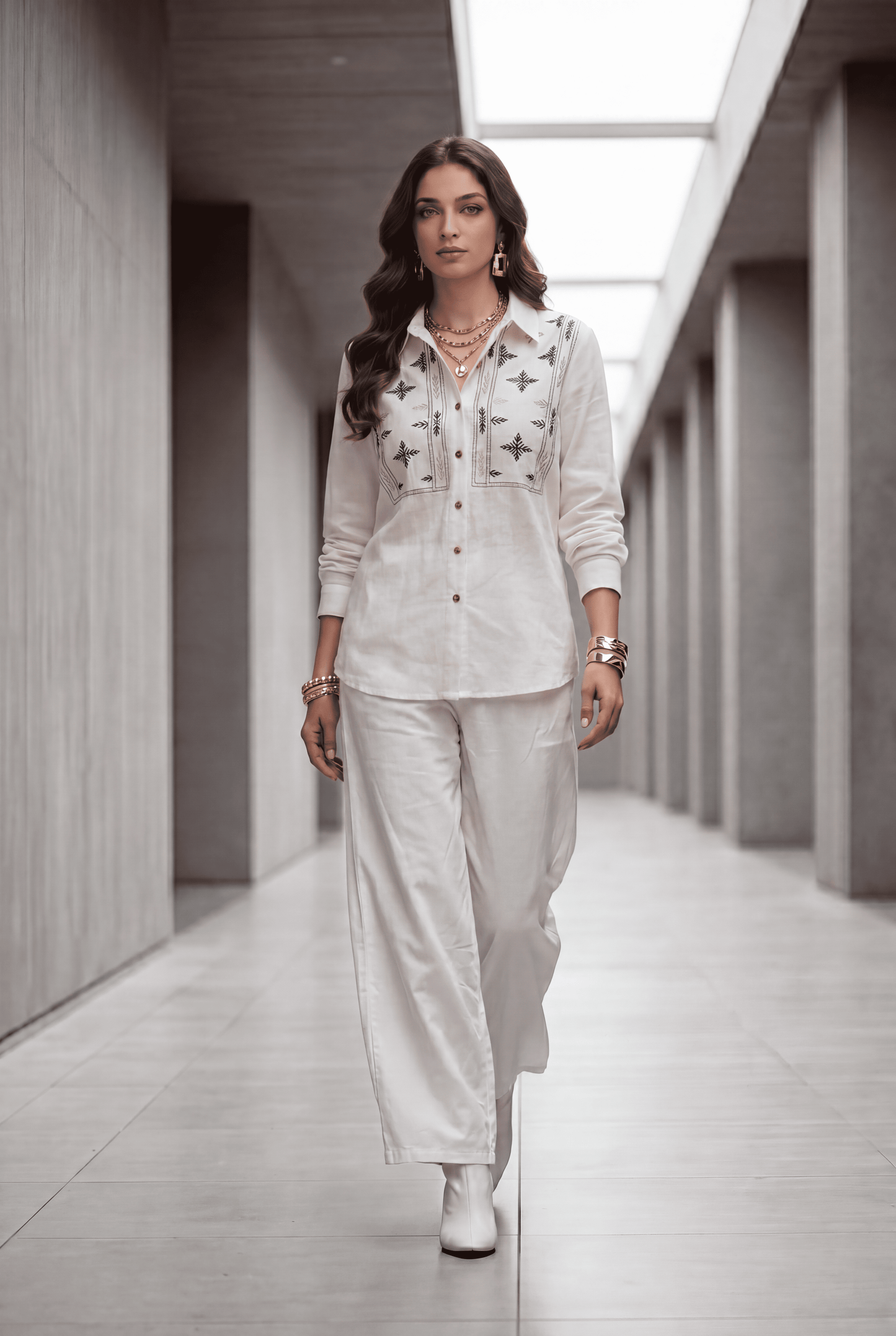 White Embroidered Denim Shirt & Straight-Fit Pant Co-Ord Set