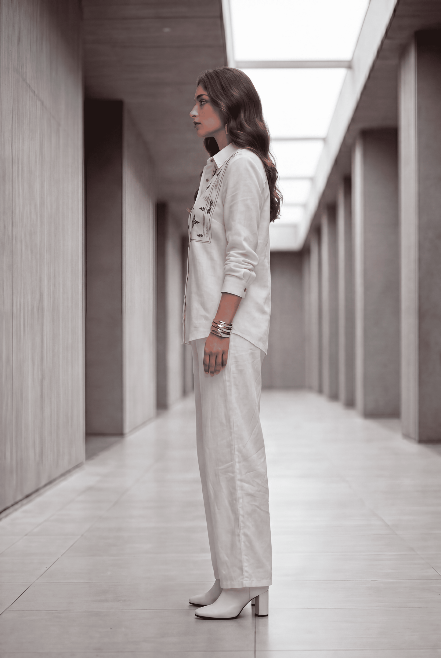 White Embroidered Denim Shirt & Straight-Fit Pant Co-Ord Set
