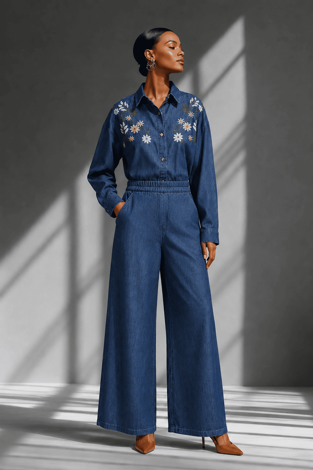 Dark Blue Floral Embroidered Denim Co-Ord Set with Shirt & Wide-Leg Pant